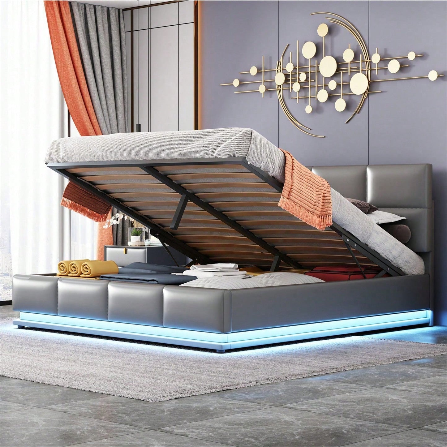 Polsterbett 160 x 200 cm mit LED, Metalllattenrost & Bettkasten, Doppelbett mit höheverstellbarem Polsterkopfteil & hydraulischem Stauraum, Grau,ohne Matratze,