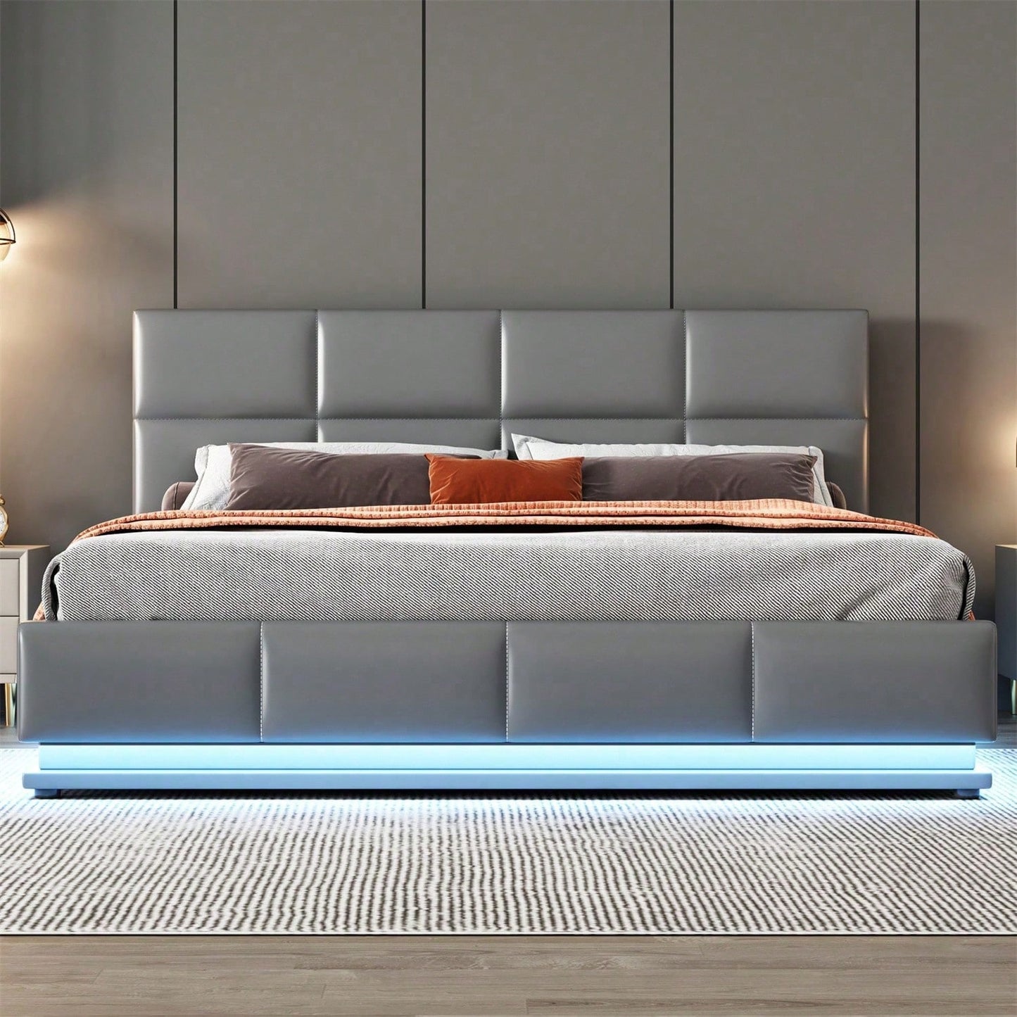 Polsterbett 160 x 200 cm mit LED, Metalllattenrost & Bettkasten, Doppelbett mit höheverstellbarem Polsterkopfteil & hydraulischem Stauraum, Grau,ohne Matratze,