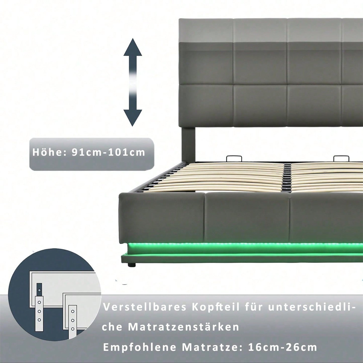 Polsterbett 160 x 200 cm mit LED, Metalllattenrost & Bettkasten, Doppelbett mit höheverstellbarem Polsterkopfteil & hydraulischem Stauraum, Grau,ohne Matratze,