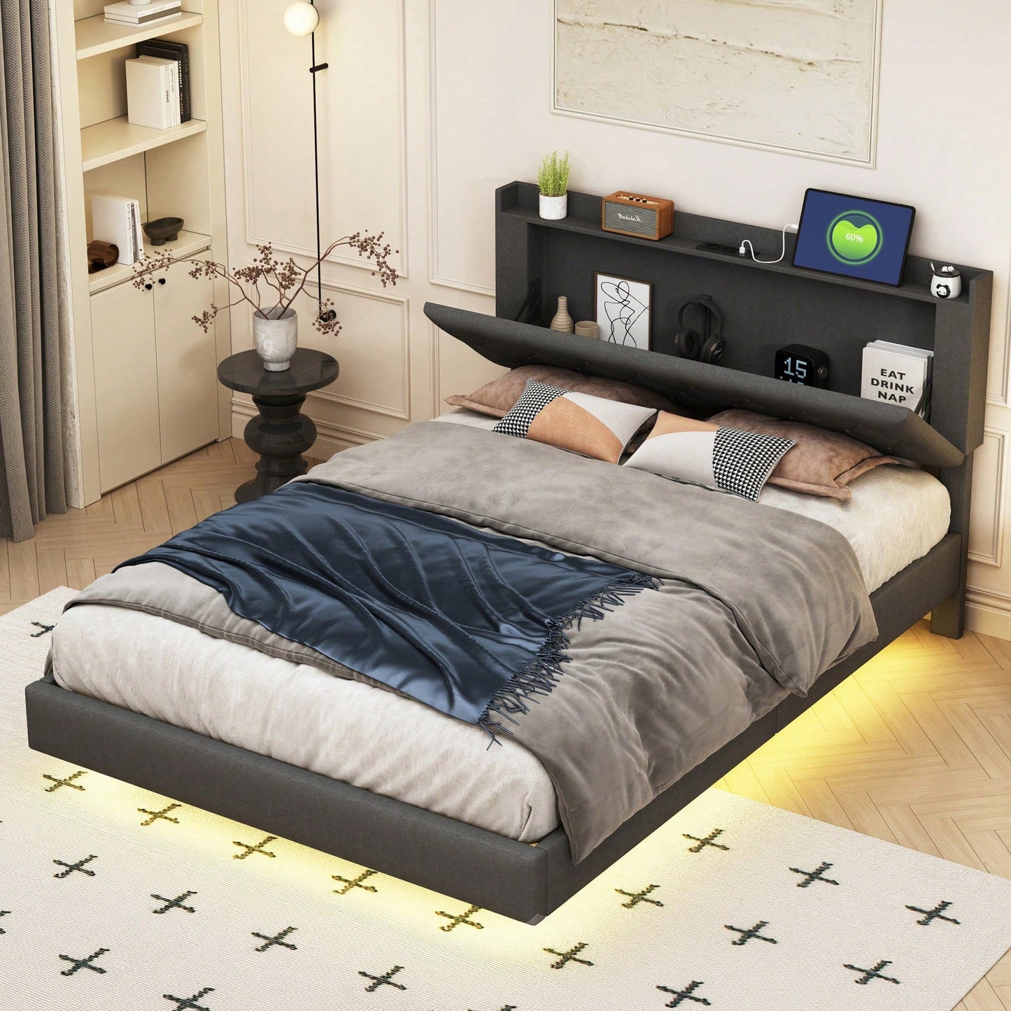 Polsterbett 140*200 cm mit USB-Ladeanschluss und LED-Farbwechsel-Lichtleiste, Doppelbett in hautfreundlichem Leinenstoff mit Lattenrost grau