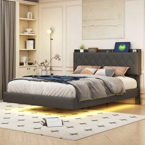 Polsterbett 140*200 cm mit USB-Ladeanschluss und LED-Farbwechsel-Lichtleiste, Doppelbett in hautfreundlichem Leinenstoff mit Lattenrost grau
