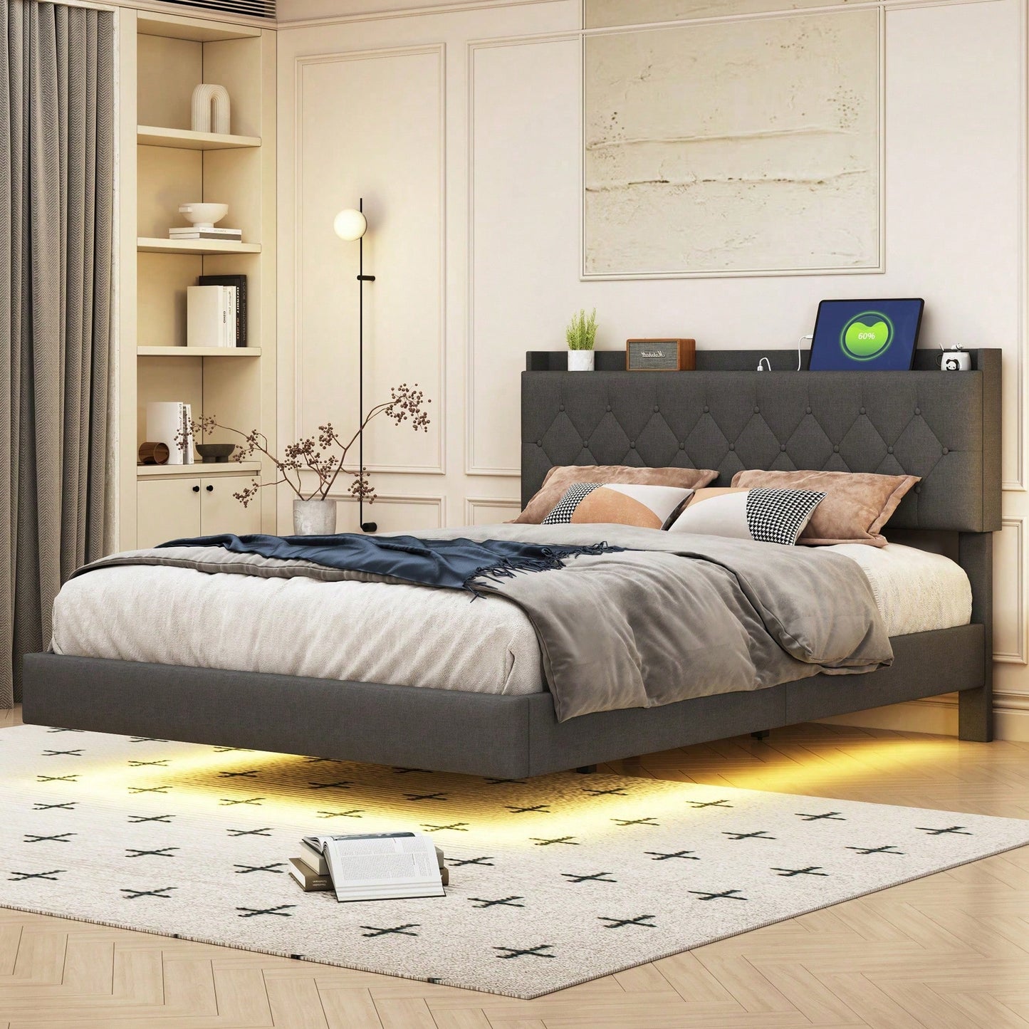 Polsterbett 140*200 cm mit USB-Ladeanschluss und LED-Farbwechsel-Lichtleiste, Doppelbett in hautfreundlichem Leinenstoff mit Lattenrost grau
