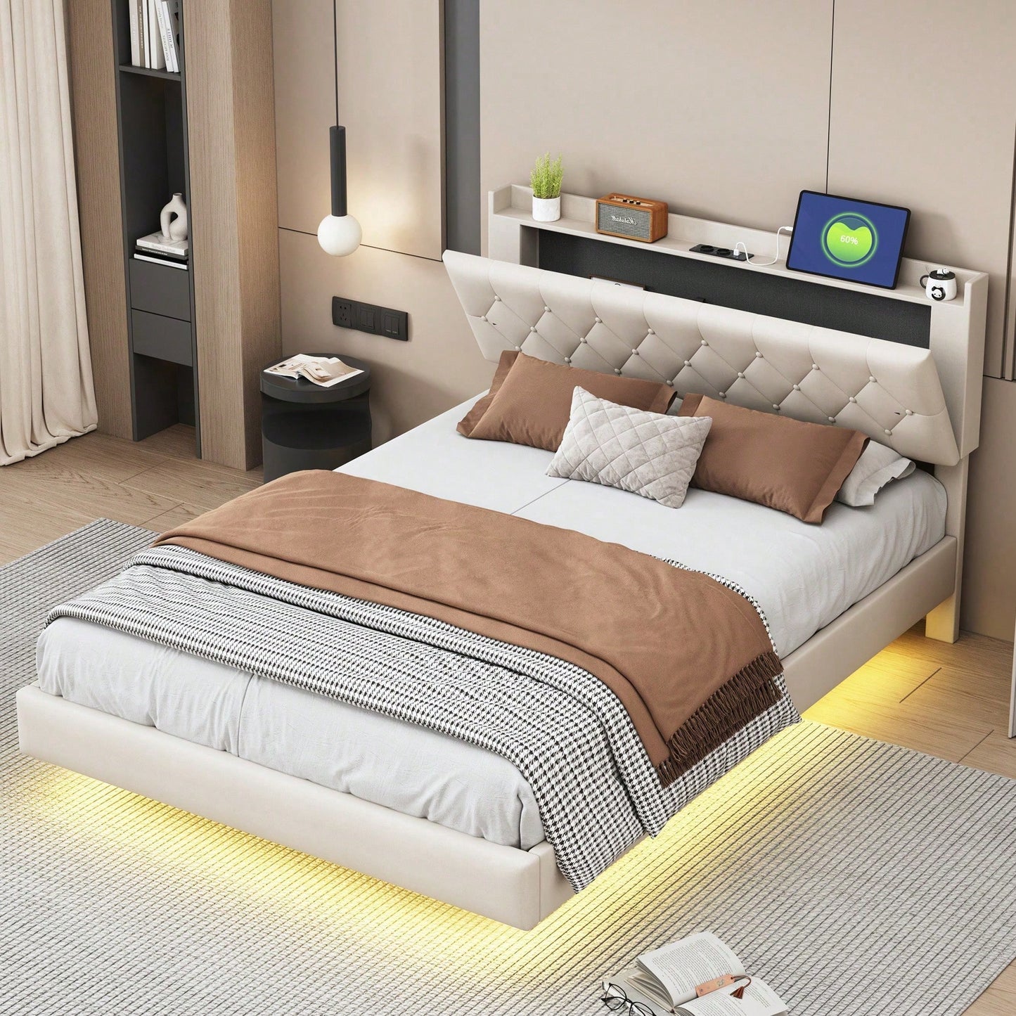 Polsterbett 140*200 cm mit USB-Ladeanschluss und LED-Farbwechsel-Lichtleiste, Doppelbett in hautfreundlichem Leinenstoff mit Lattenrost grau