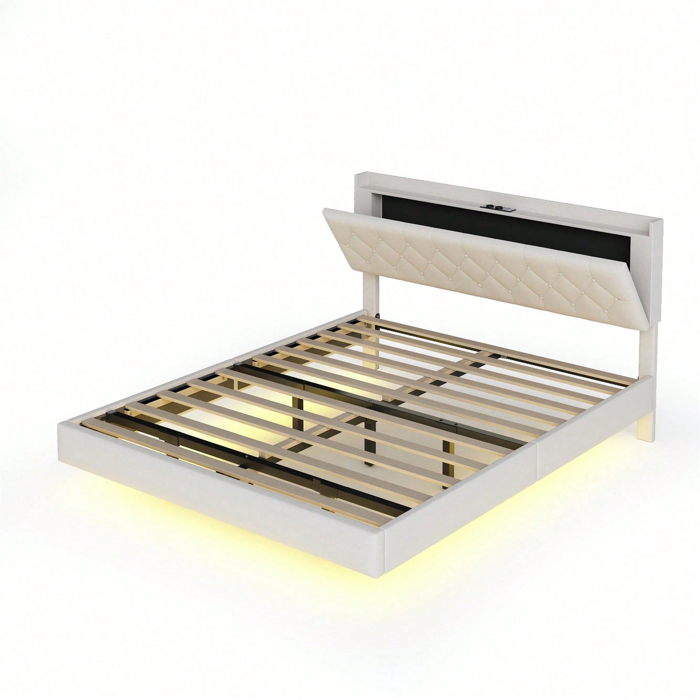 Polsterbett 140*200 cm mit USB-Ladeanschluss und LED-Farbwechsel-Lichtleiste, Doppelbett in hautfreundlichem Leinenstoff mit Lattenrost grau