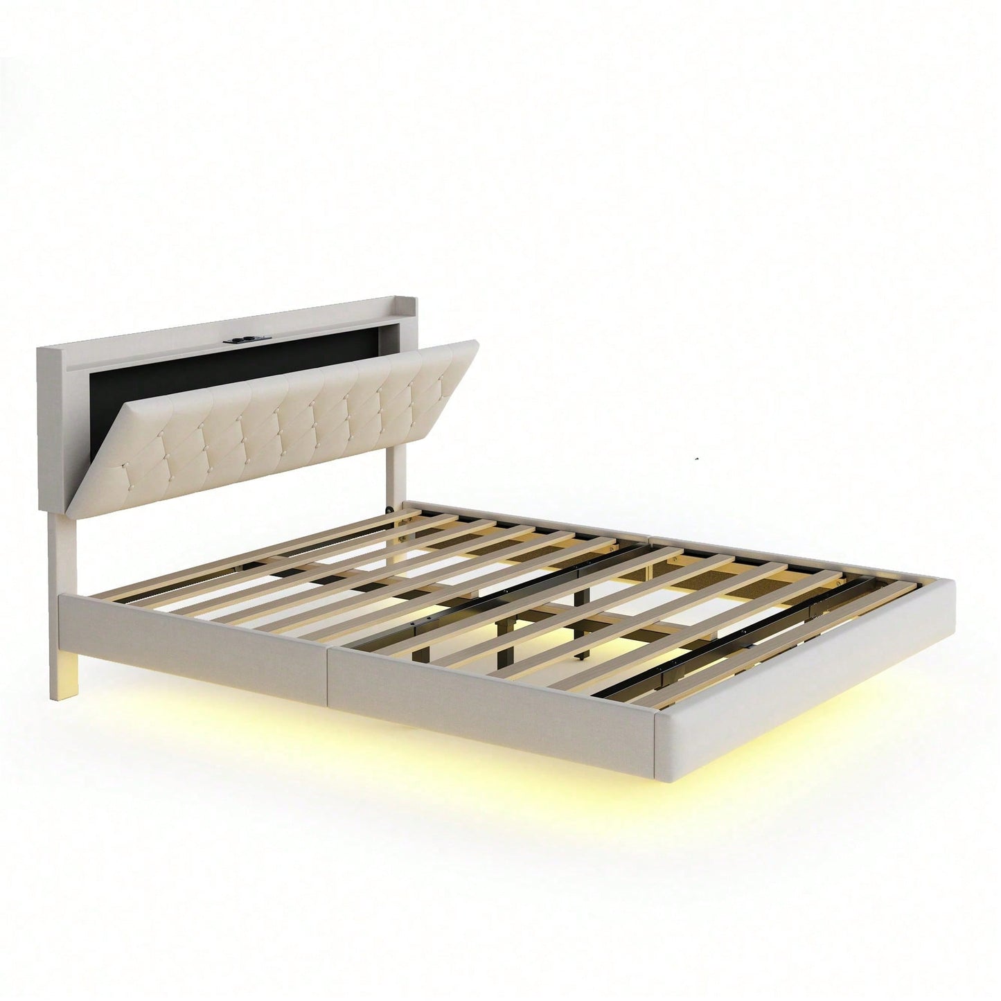 Polsterbett 140*200 cm mit USB-Ladeanschluss und LED-Farbwechsel-Lichtleiste, Doppelbett in hautfreundlichem Leinenstoff mit Lattenrost grau