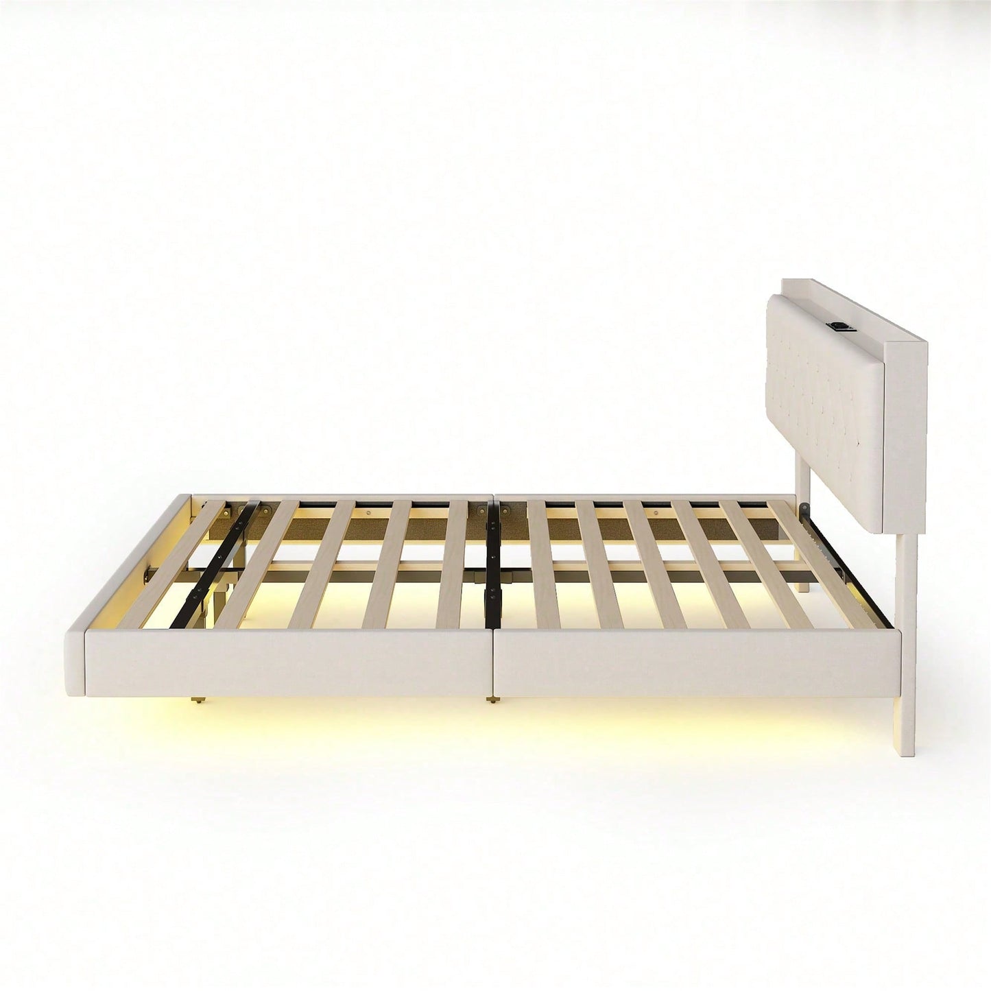 Polsterbett 140*200 cm mit USB-Ladeanschluss und LED-Farbwechsel-Lichtleiste, Doppelbett in hautfreundlichem Leinenstoff mit Lattenrost grau