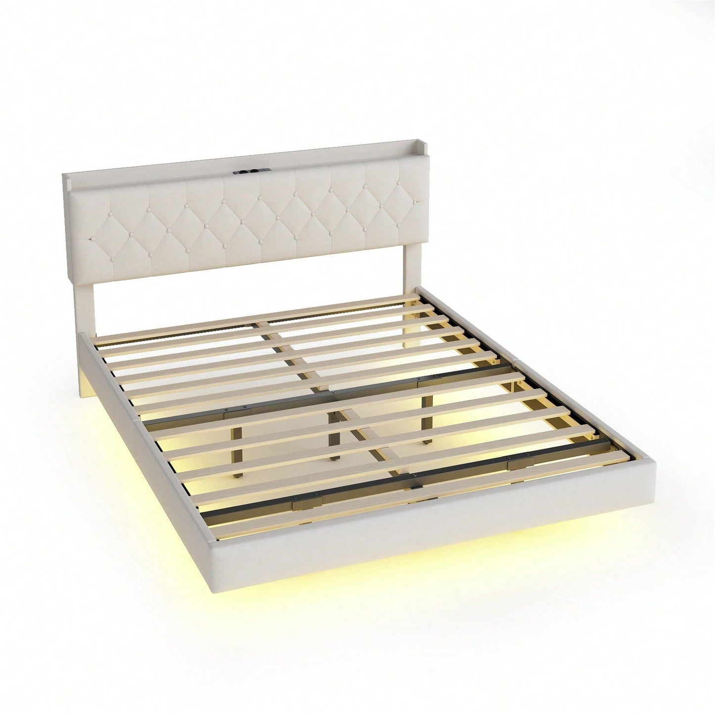 Polsterbett 140*200 cm mit USB-Ladeanschluss und LED-Farbwechsel-Lichtleiste, Doppelbett in hautfreundlichem Leinenstoff mit Lattenrost grau