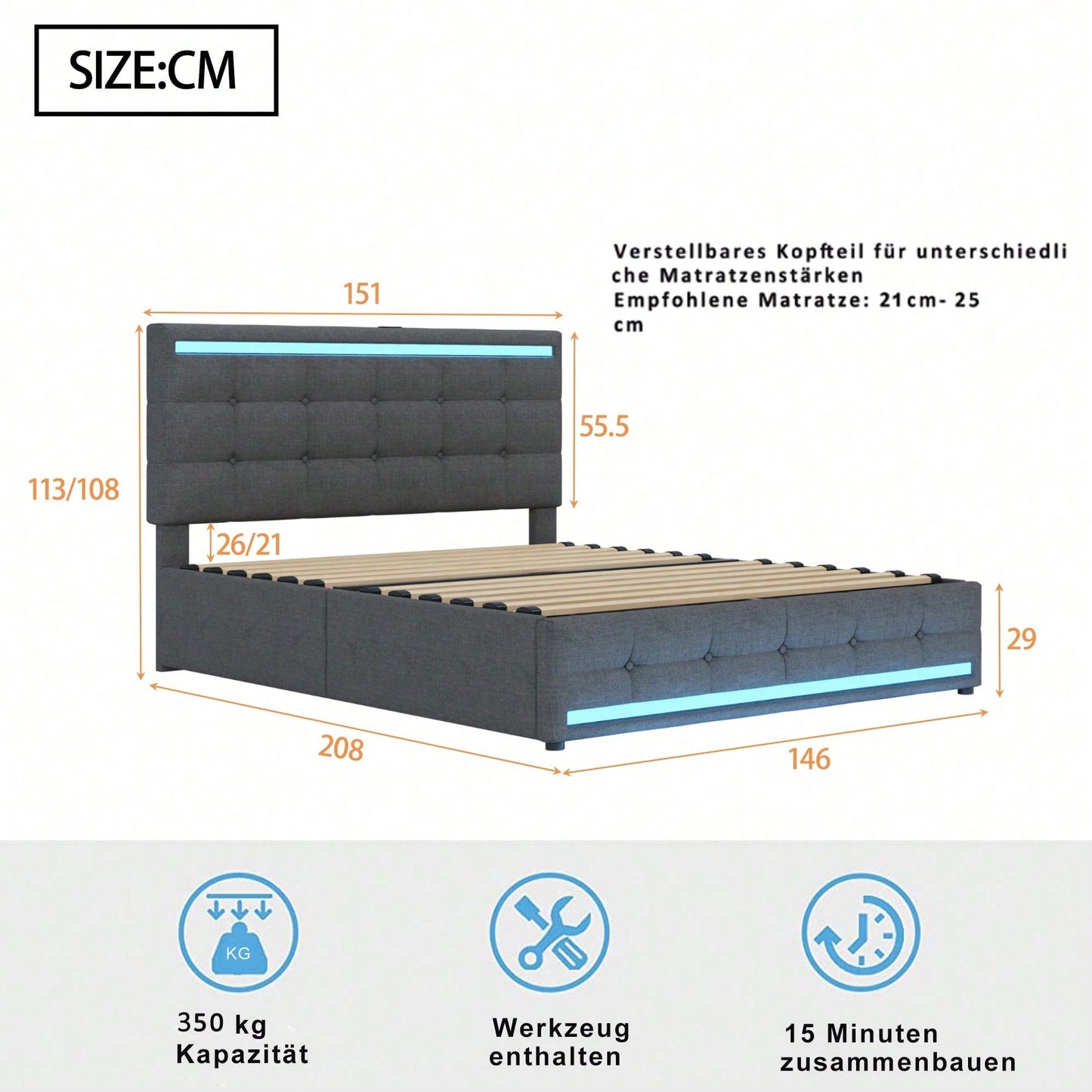 Polsterbett 140 * 200 LED-Polsterbett mit 4 Schubladen und 2 USB-Ladestationen, Bettrahmen mit LED-Kopfteil-Fußteil, gepolstertes Plattformbett mit Stauraum, Leinenstoff Grau