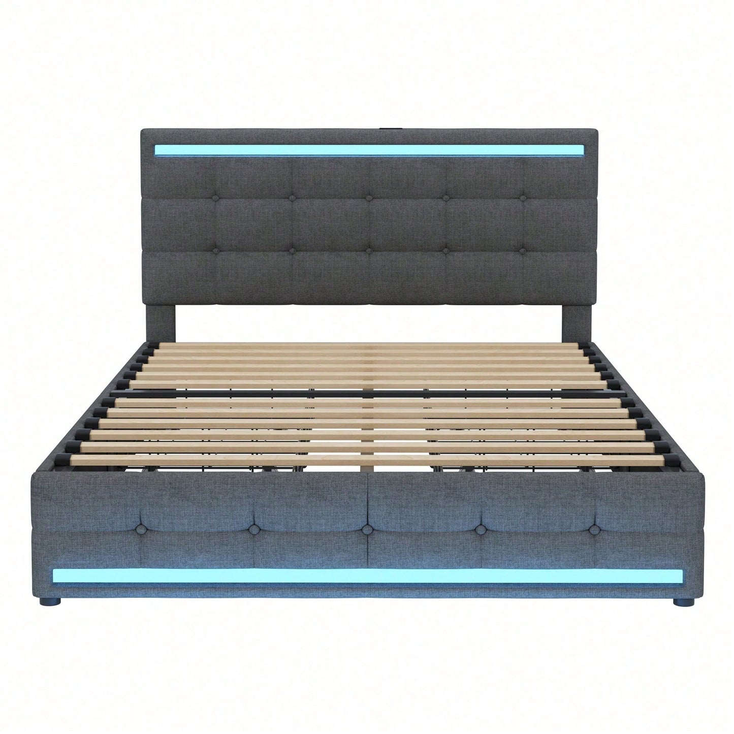 Polsterbett 140 * 200 LED-Polsterbett mit 4 Schubladen und 2 USB-Ladestationen, Bettrahmen mit LED-Kopfteil-Fußteil, gepolstertes Plattformbett mit Stauraum, Leinenstoff Grau