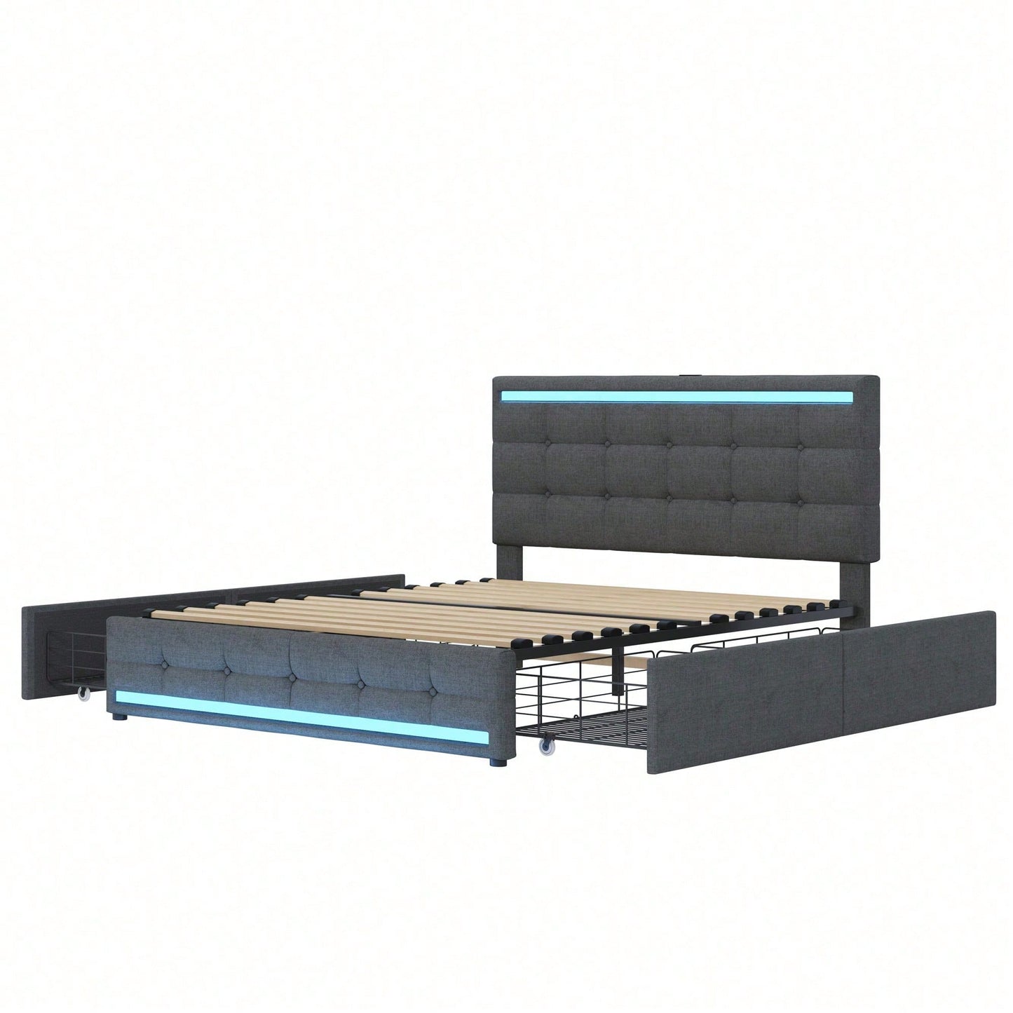 Polsterbett 140 * 200 LED-Polsterbett mit 4 Schubladen und 2 USB-Ladestationen, Bettrahmen mit LED-Kopfteil-Fußteil, gepolstertes Plattformbett mit Stauraum, Leinenstoff Grau