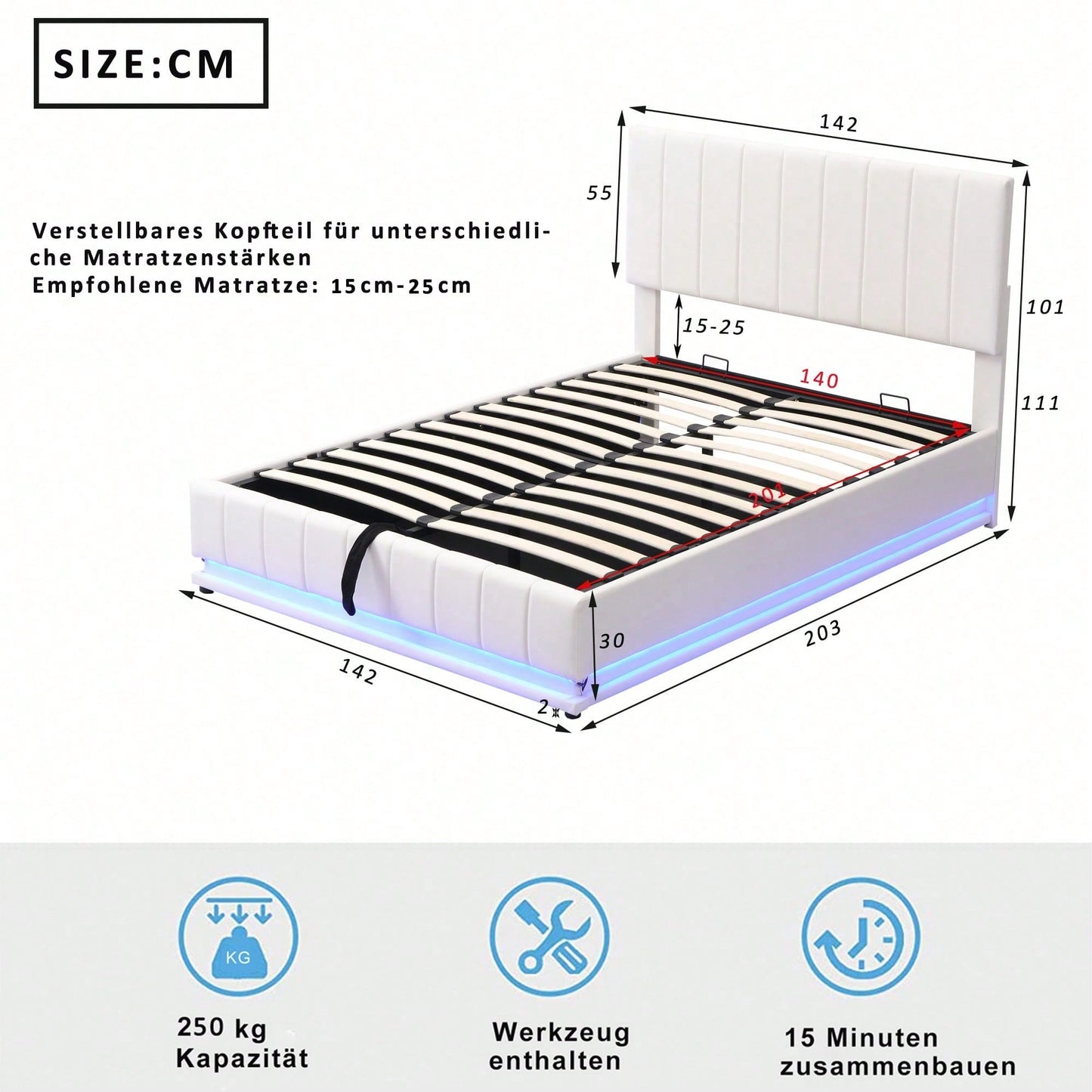 Polsterbett 140 x 200 cm mit LED, Metalllattenrost & Bettkasten, Doppelbett mit höheverstellbarem Polsterkopfteil & hydraulischem Stauraum, Weiß