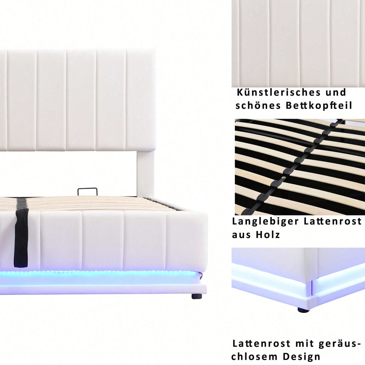 Polsterbett 140 x 200 cm mit LED, Metalllattenrost & Bettkasten, Doppelbett mit höheverstellbarem Polsterkopfteil & hydraulischem Stauraum, Weiß