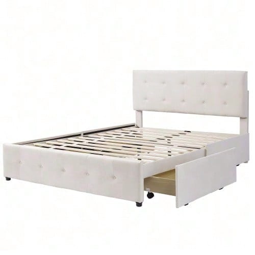 Polsterbett 140 x 200 cm, Doppelbett mit Schubladen, Lattenrost und Rückenlehne, Hautfreundliches Doppelbett aus Samtstoff für Erwachsene und Jugendliche, Beige