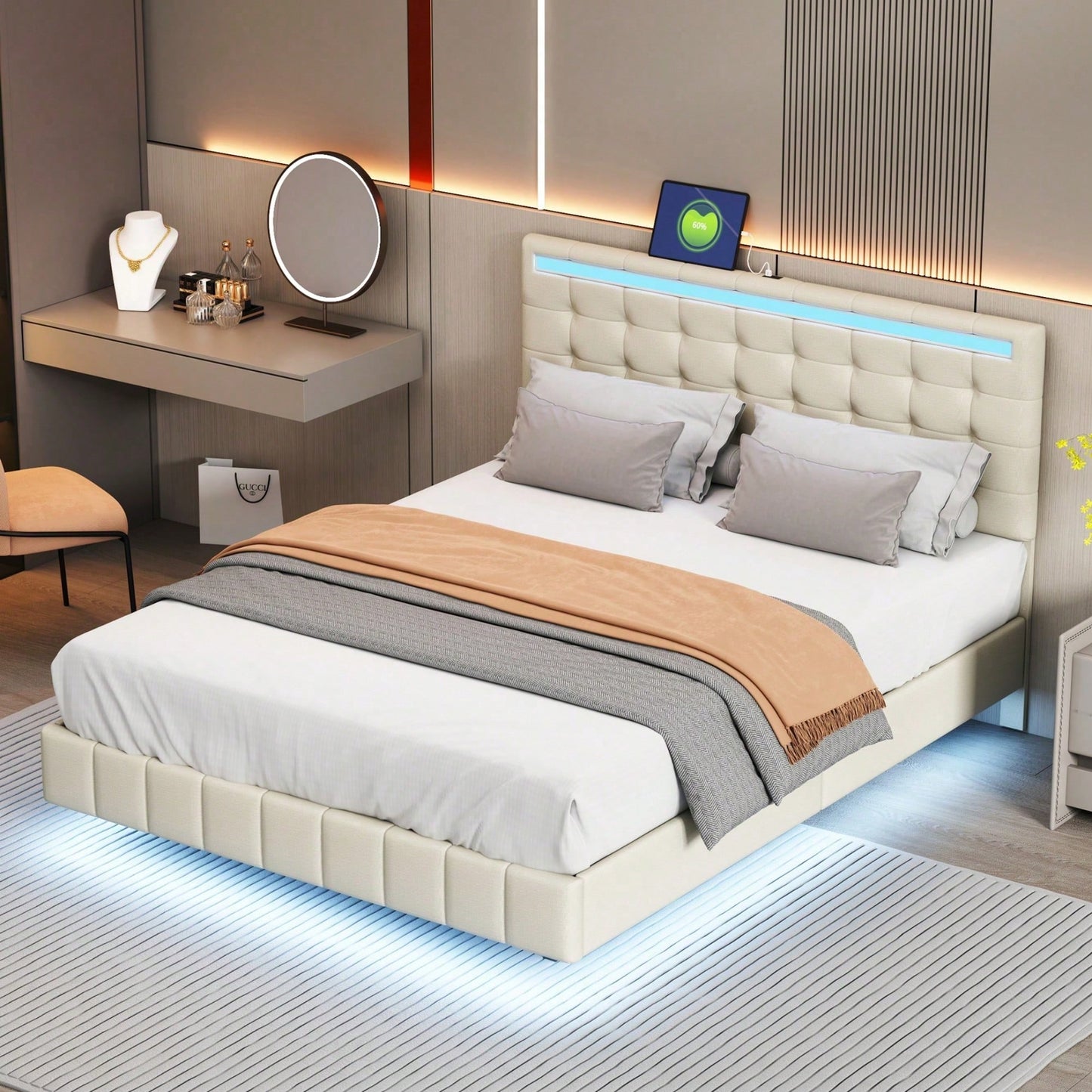 Polsterbett 140 x 200 cm, gepolsterter Schwebebettrahmen mit LED-Leuchten und Kopfteildesign,(Matratze nicht enthaltet) flächiges Doppelbett-Gästebett in hautfreundlichem Leinen Beige