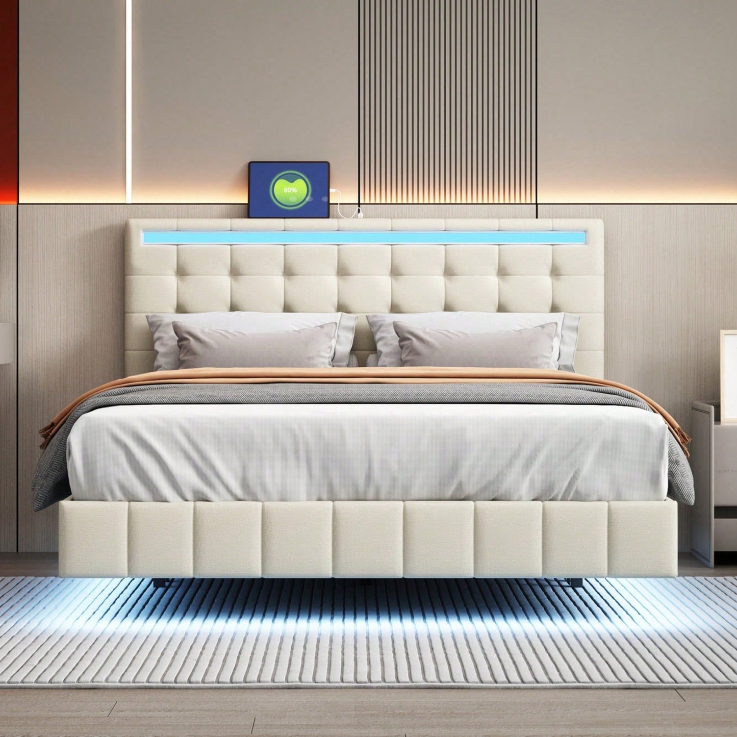 Polsterbett 140 x 200 cm, gepolsterter Schwebebettrahmen mit LED-Leuchten und Kopfteildesign,(Matratze nicht enthaltet) flächiges Doppelbett-Gästebett in hautfreundlichem Leinen Beige