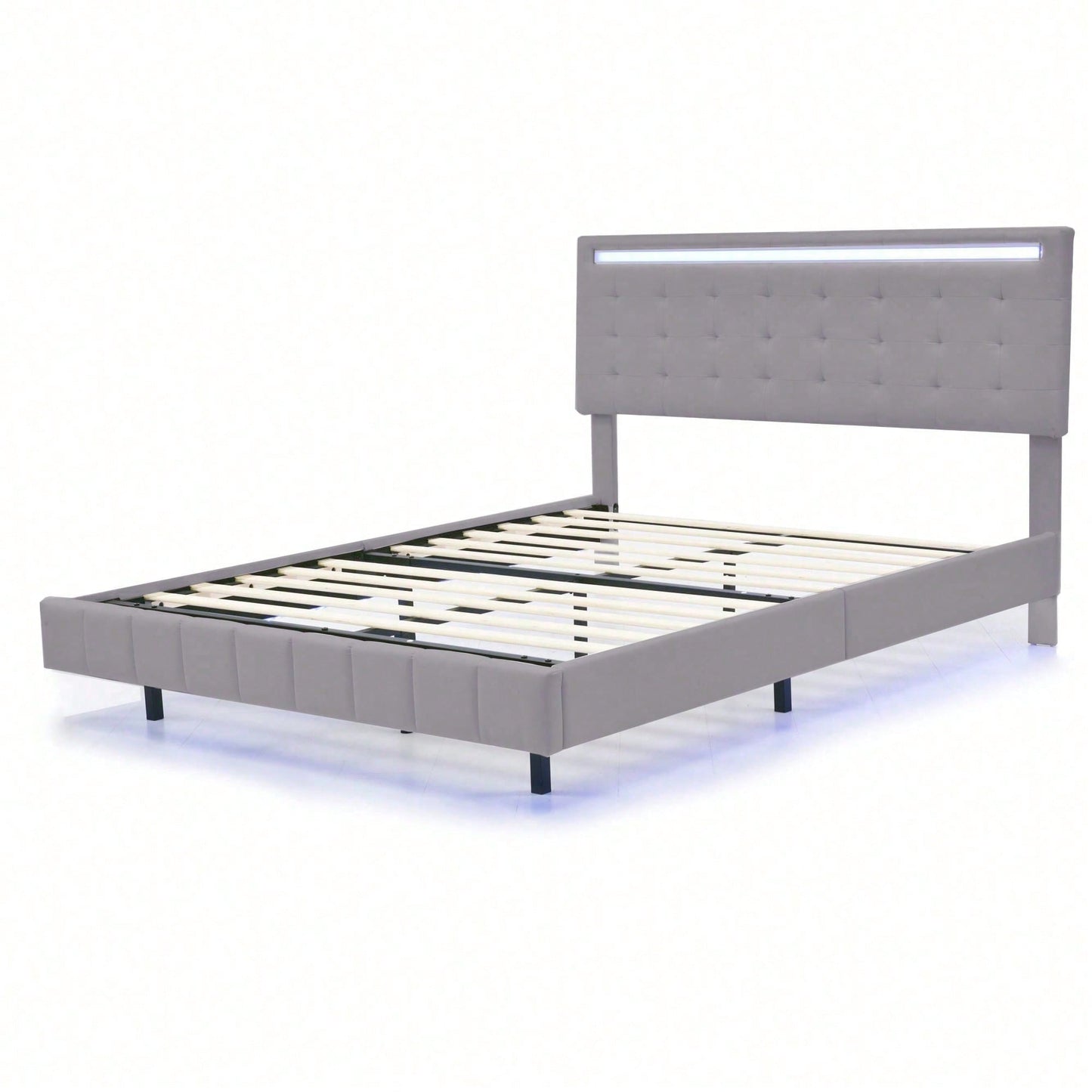 Polsterbett 140 x 200 cm, gepolsterter Schwebebettrahmen mit LED-Leuchten und Kopfteildesign,(Matratze nicht enthaltet) flächiges Doppelbett-Gästebett in hautfreundlichem Leinen Beige