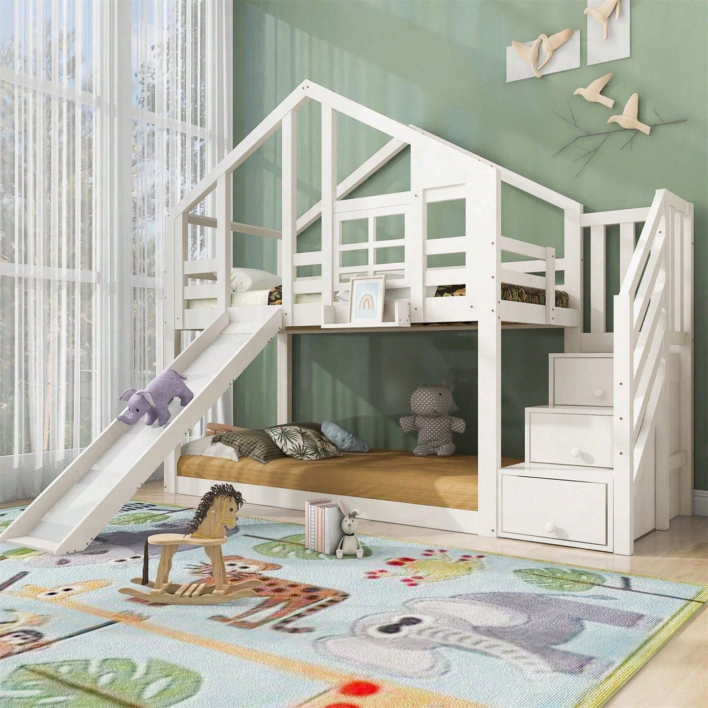 Kinderbett Baumhaus 90 x 200 cm, Etagenbett für Kinder in Fensterbauweise mit Rutsche und Rausfallschutz, Weiß, inkl.Tafel– 2x Lattenrost