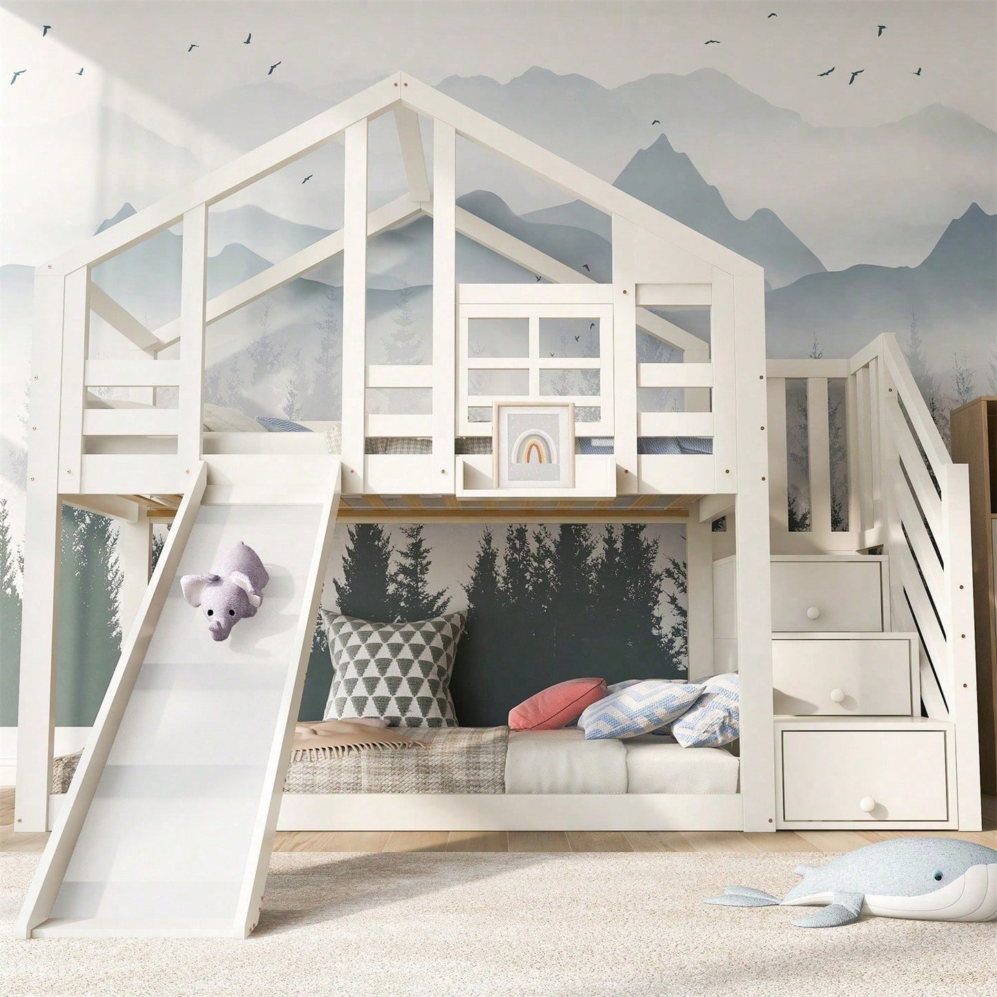 Kinderbett Baumhaus 90 x 200 cm, Etagenbett für Kinder in Fensterbauweise mit Rutsche und Rausfallschutz, Weiß, inkl.Tafel– 2x Lattenrost
