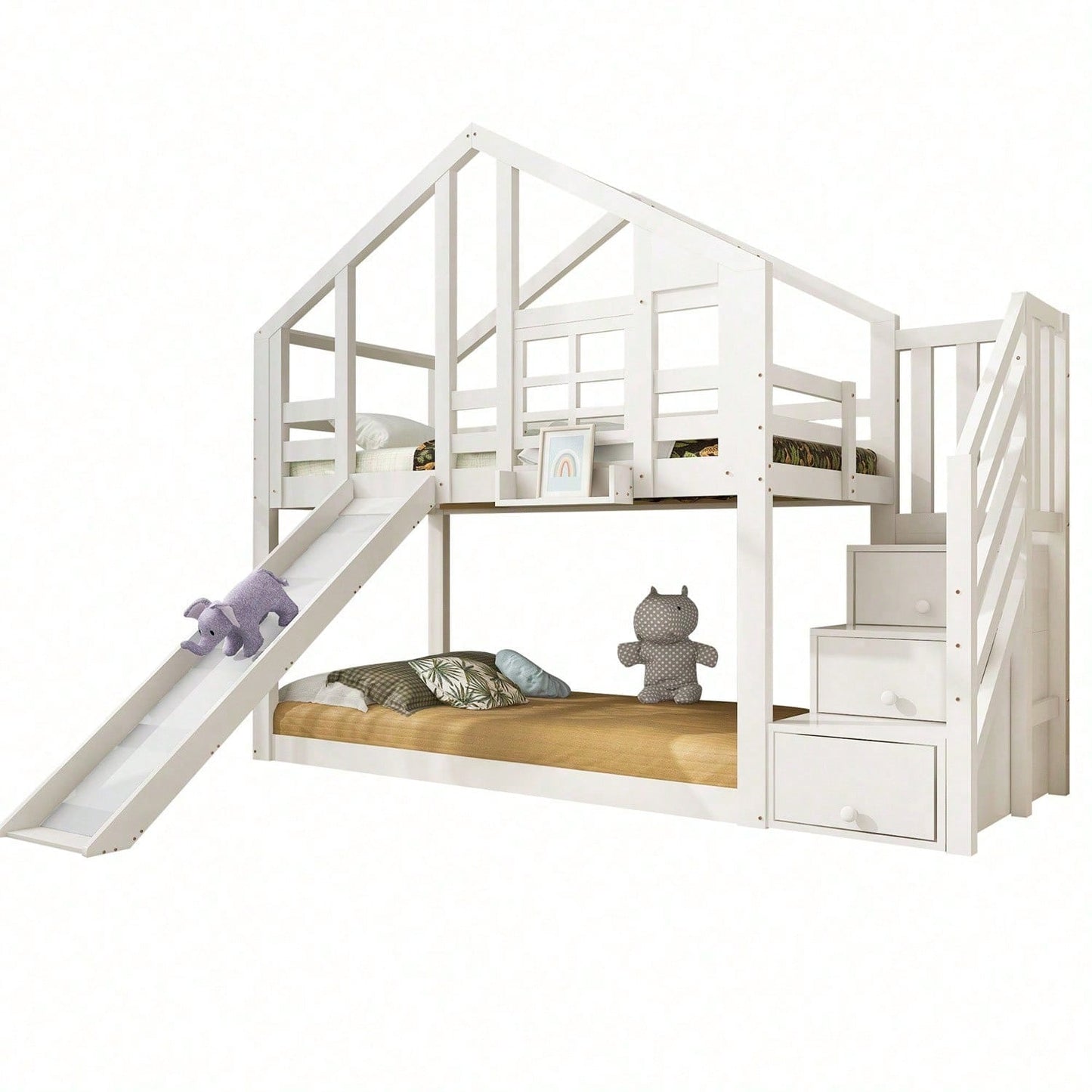 Kinderbett Baumhaus 90 x 200 cm, Etagenbett für Kinder in Fensterbauweise mit Rutsche und Rausfallschutz, Weiß, inkl.Tafel– 2x Lattenrost