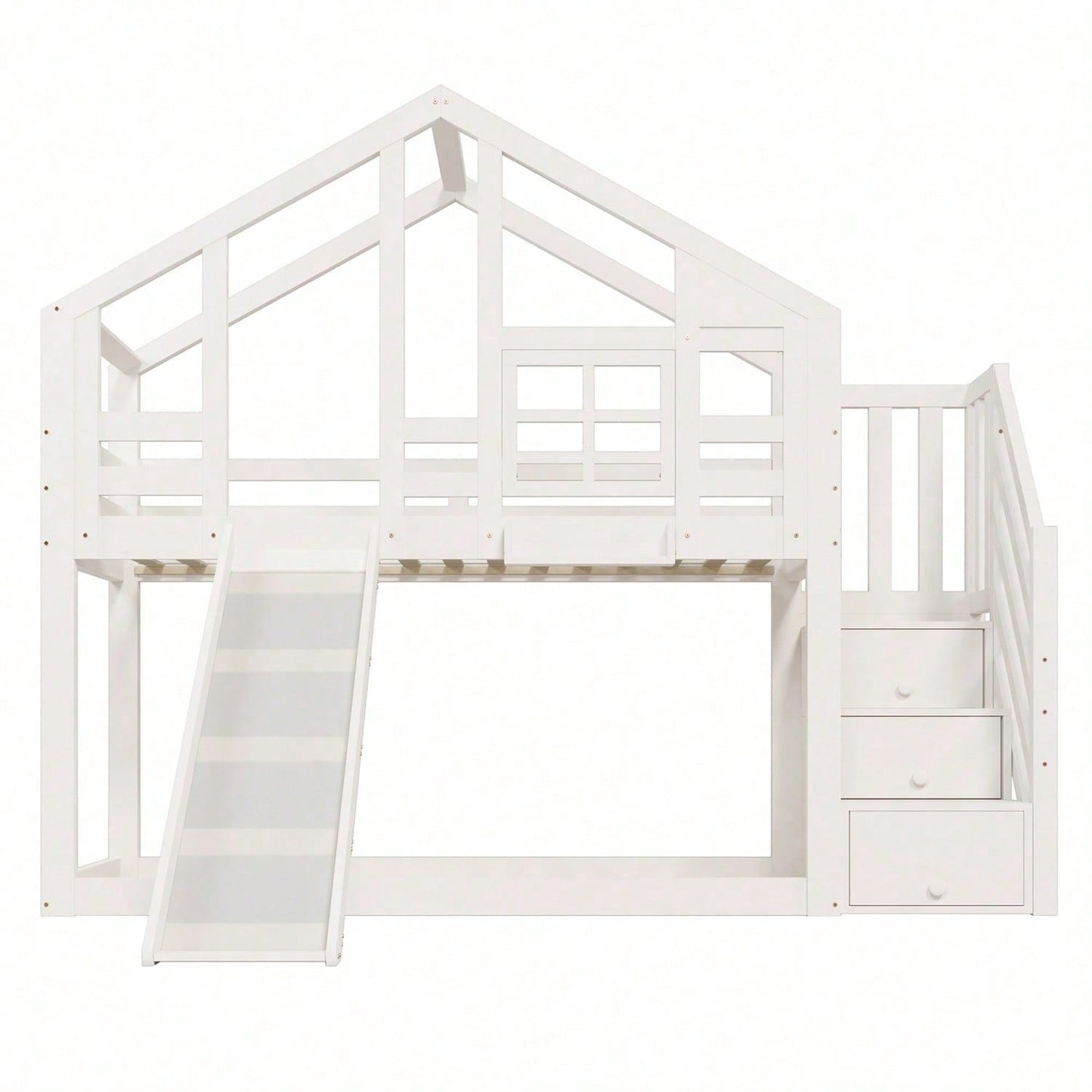 Kinderbett Baumhaus 90 x 200 cm, Etagenbett für Kinder in Fensterbauweise mit Rutsche und Rausfallschutz, Weiß, inkl.Tafel– 2x Lattenrost