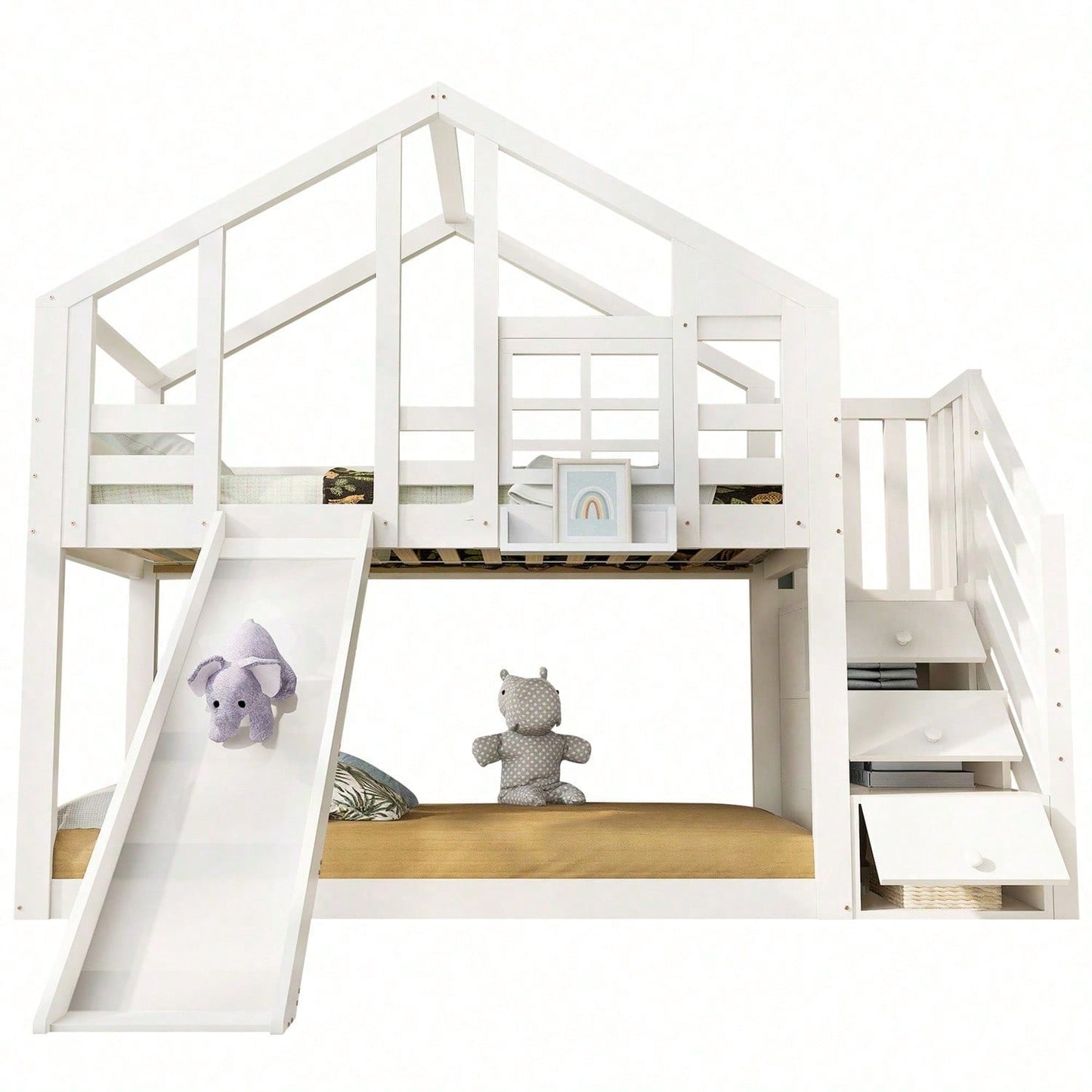 Kinderbett Baumhaus 90 x 200 cm, Etagenbett für Kinder in Fensterbauweise mit Rutsche und Rausfallschutz, Weiß, inkl.Tafel– 2x Lattenrost