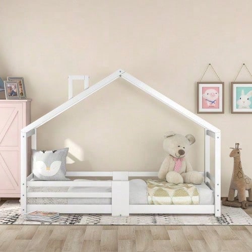 Kinderbett Hausbett mit Schornstein Rausfallschutz Robuste Lattenroste Kiefernholz Haus Bett for Kids, 90 x 200 cm ohne Matratze, Grau