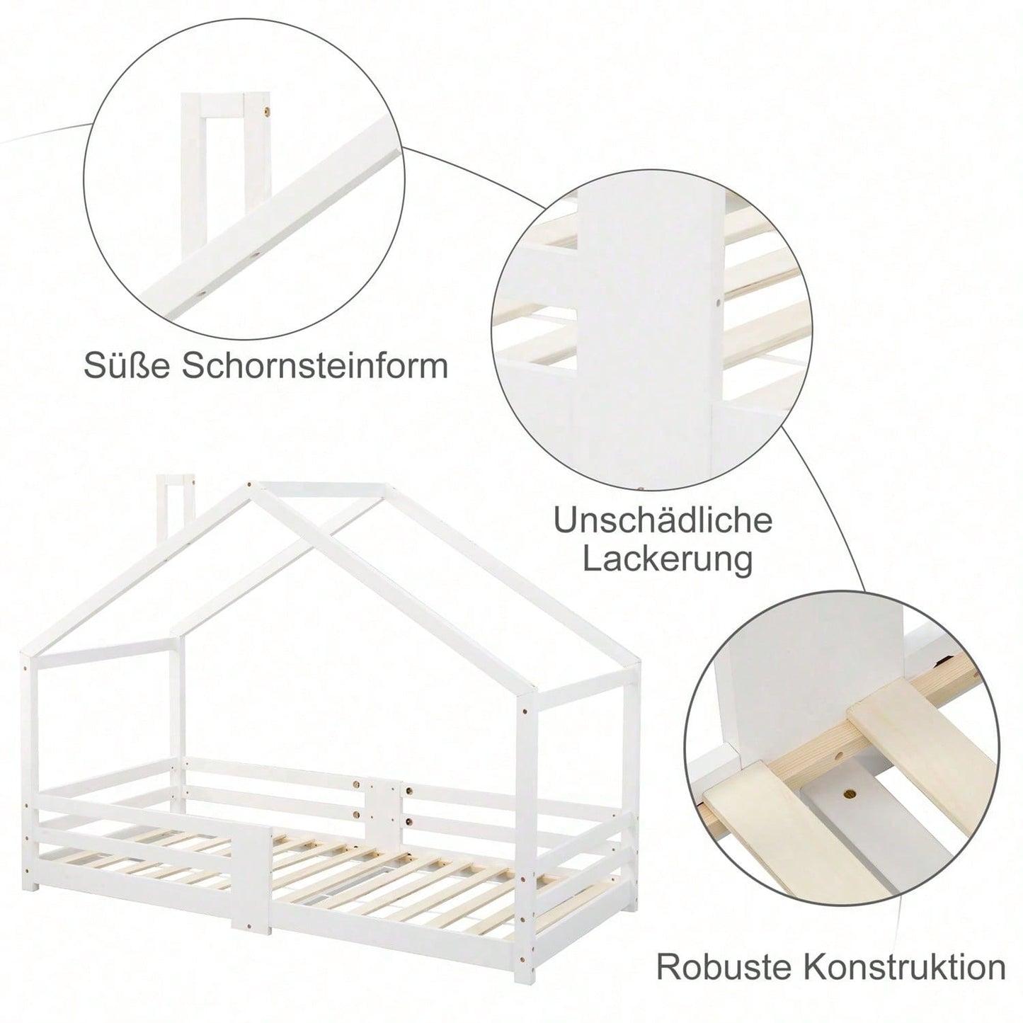 Kinderbett Hausbett mit Schornstein Rausfallschutz Robuste Lattenroste Kiefernholz Haus Bett for Kids, 90 x 200 cm ohne Matratze, Grau
