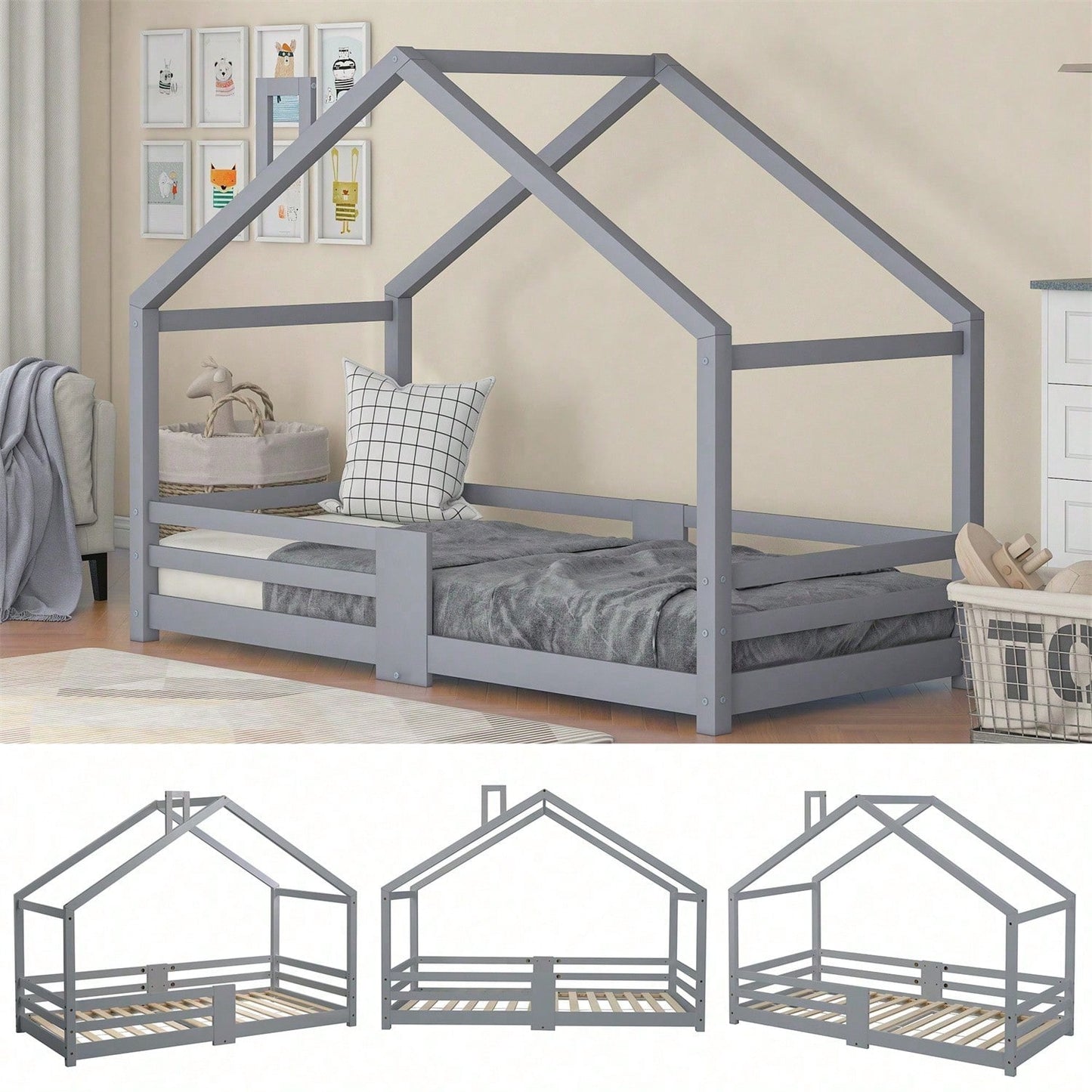 Kinderbett Hausbett mit Schornstein Rausfallschutz Robuste Lattenroste Kiefernholz Haus Bett for Kids, 90 x 200 cm ohne Matratze, Grau