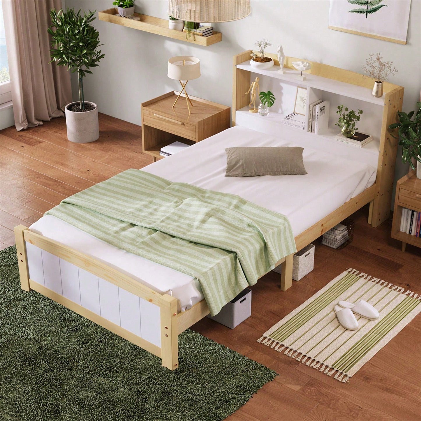 Massivholz Einzelbett Stauraum-Kopfteil Bett,90 x 200 cm Bettgestell mit Lattenrost Holzbett mit Kopfteil,Kinderbett Jugendbett Kiefer massiv Natürlich und Weiß