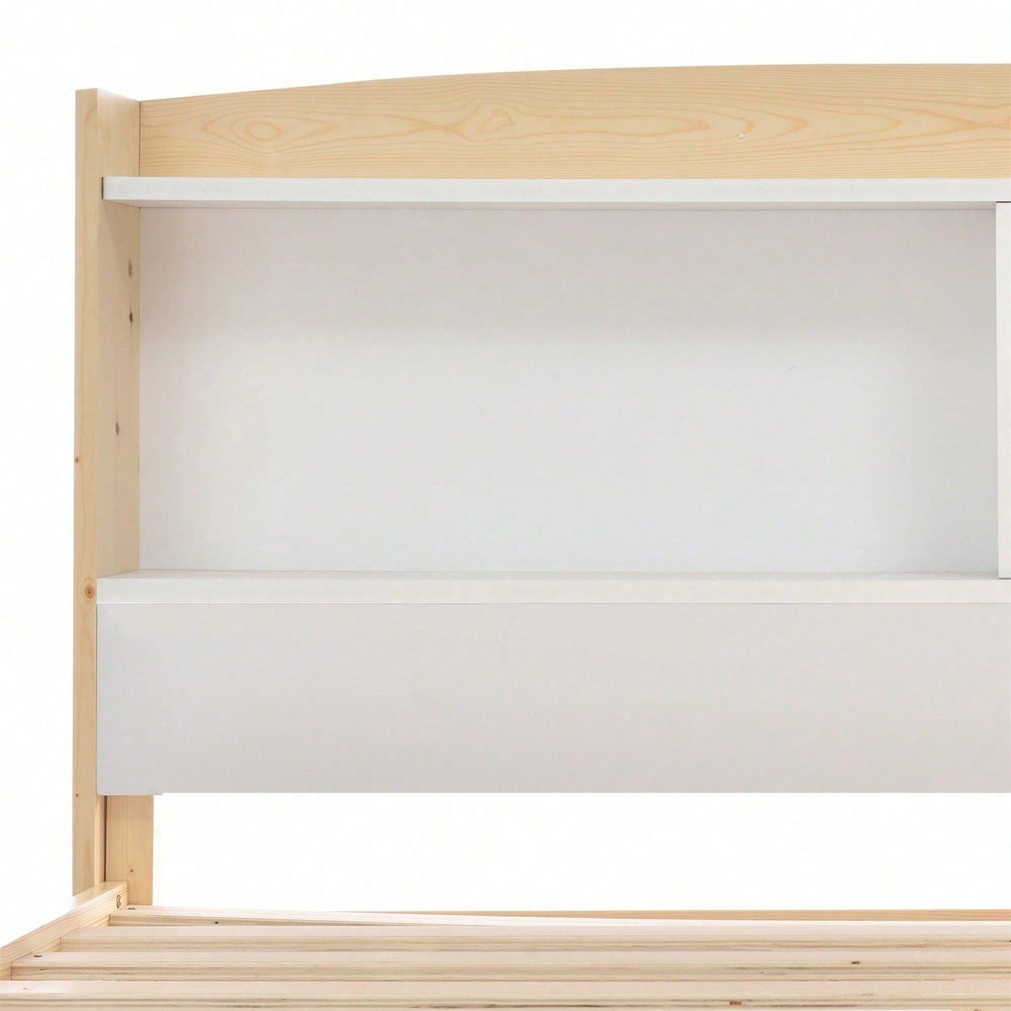 Massivholz Einzelbett Stauraum-Kopfteil Bett,90 x 200 cm Bettgestell mit Lattenrost Holzbett mit Kopfteil,Kinderbett Jugendbett Kiefer massiv Natürlich und Weiß