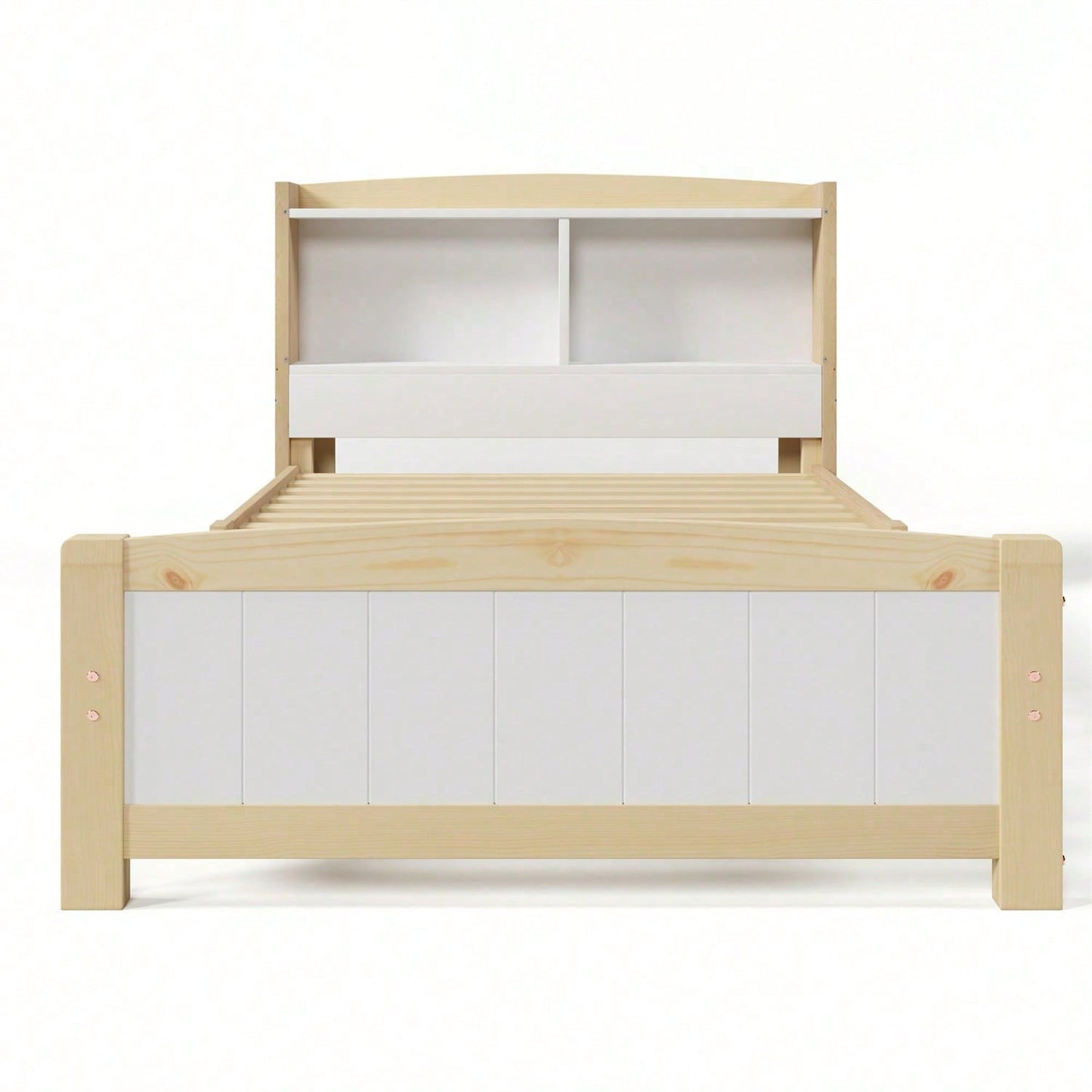 Massivholz Einzelbett Stauraum-Kopfteil Bett,90 x 200 cm Bettgestell mit Lattenrost Holzbett mit Kopfteil,Kinderbett Jugendbett Kiefer massiv Natürlich und Weiß