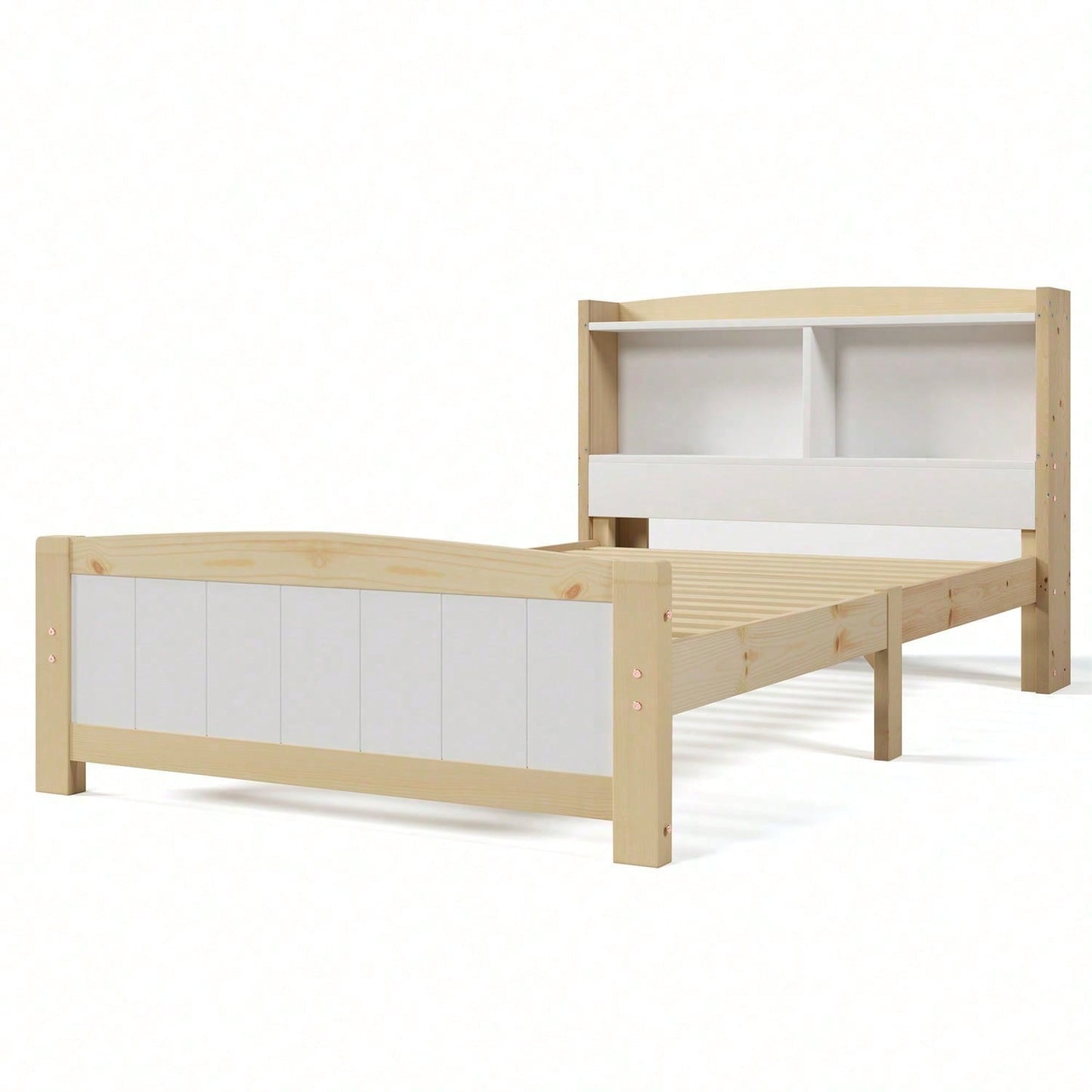 Massivholz Einzelbett Stauraum-Kopfteil Bett,90 x 200 cm Bettgestell mit Lattenrost Holzbett mit Kopfteil,Kinderbett Jugendbett Kiefer massiv Natürlich und Weiß