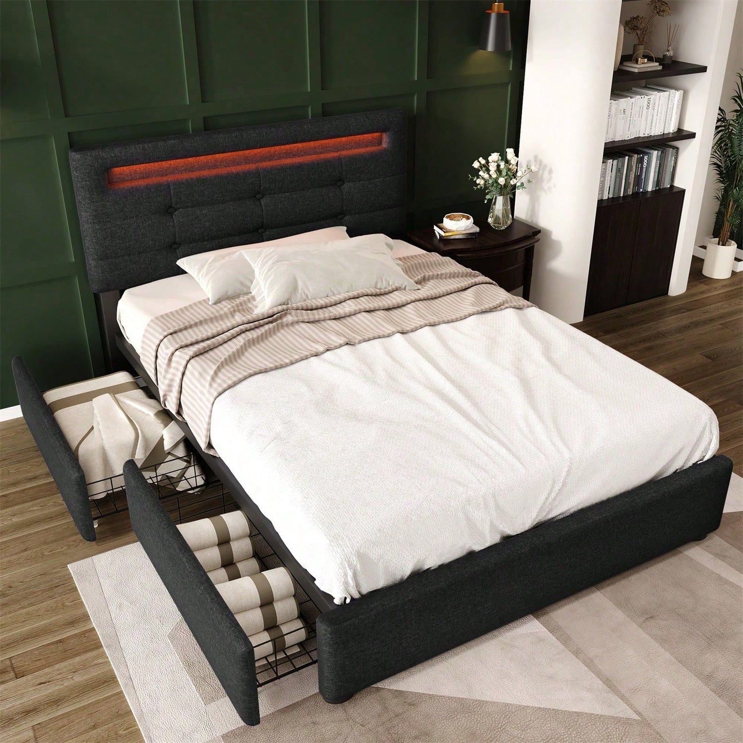 Bettgestell mit LED-Beleuchtung und 2 Schubladen, Einzelbett Polsterbett 90x200cm, Höhenverstellbarem Kopfteil, Lattenrost aus Holz, Grau