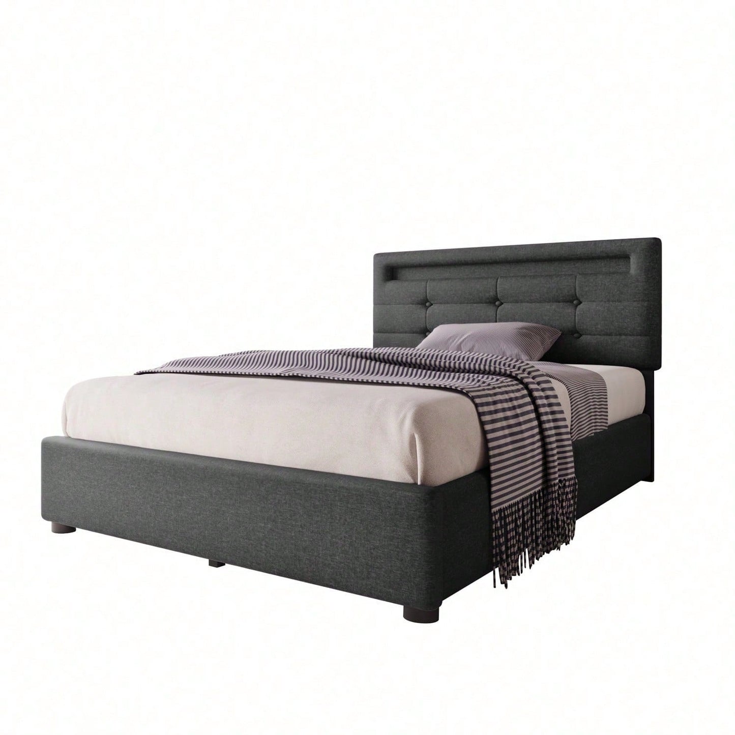 Bettgestell mit LED-Beleuchtung und 2 Schubladen, Einzelbett Polsterbett 90x200cm, Höhenverstellbarem Kopfteil, Lattenrost aus Holz, Grau