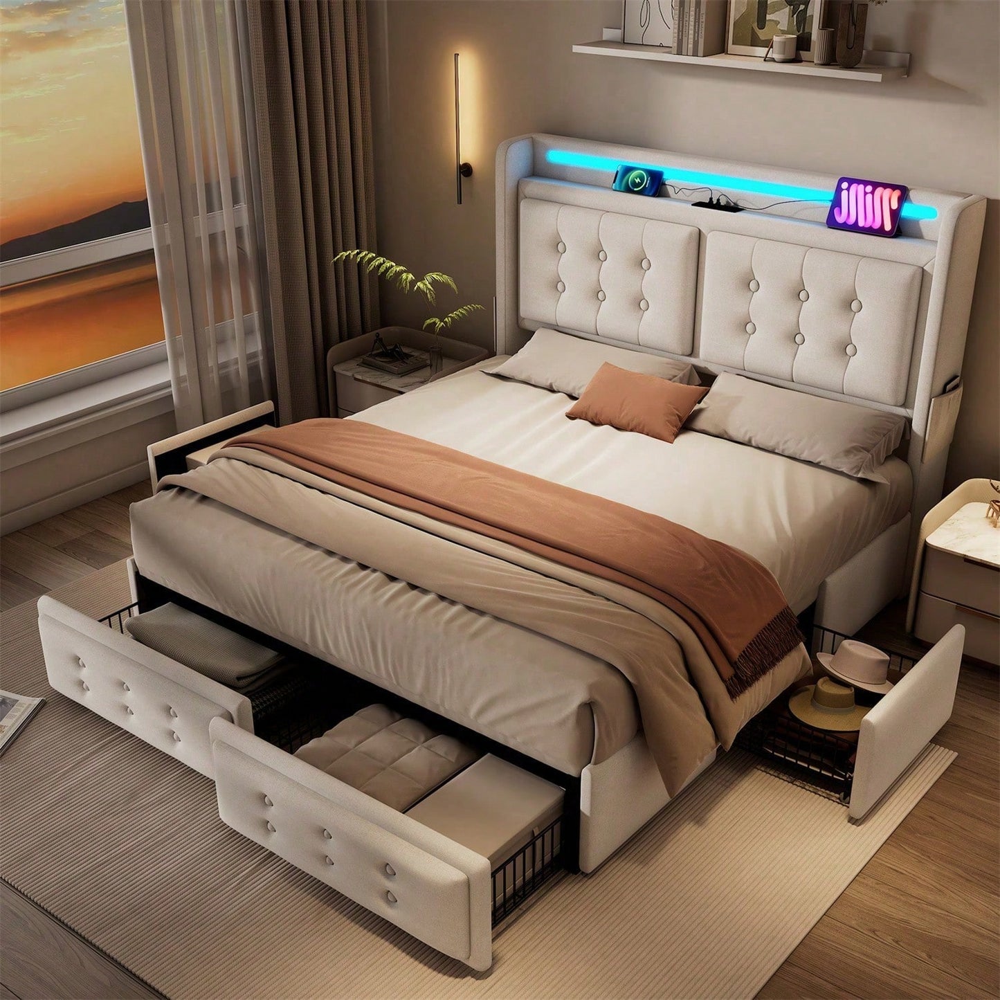 Polsterbett 140x200, Doppelbett mit Led-Kopfteil und USB C Ladefunktion und 4 Schubladen, Stauraumbetten mit Lattenrost aus Holz und Metallrahmen, Belastbarkeit 300 kg,Beige,Baumwolle