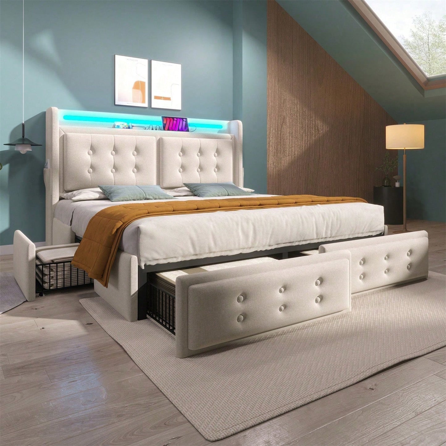 Polsterbett 140x200, Doppelbett mit Led-Kopfteil und USB C Ladefunktion und 4 Schubladen, Stauraumbetten mit Lattenrost aus Holz und Metallrahmen, Belastbarkeit 300 kg,Beige,Baumwolle