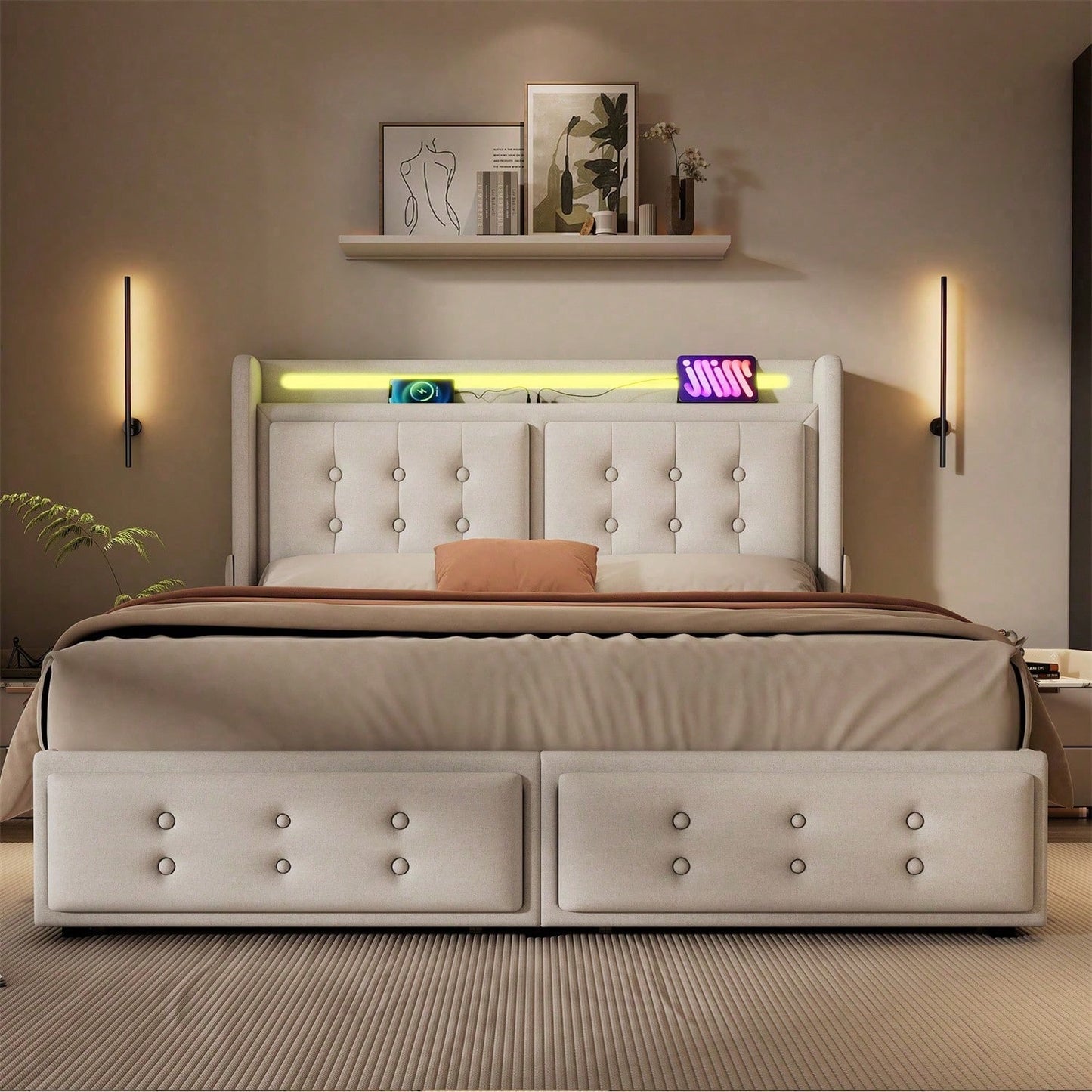 Polsterbett 140x200, Doppelbett mit Led-Kopfteil und USB C Ladefunktion und 4 Schubladen, Stauraumbetten mit Lattenrost aus Holz und Metallrahmen, Belastbarkeit 300 kg,Beige,Baumwolle