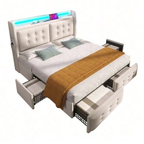 Polsterbett 140x200, Doppelbett mit Led-Kopfteil und USB C Ladefunktion und 4 Schubladen, Stauraumbetten mit Lattenrost aus Holz und Metallrahmen, Belastbarkeit 300 kg,Beige,Baumwolle