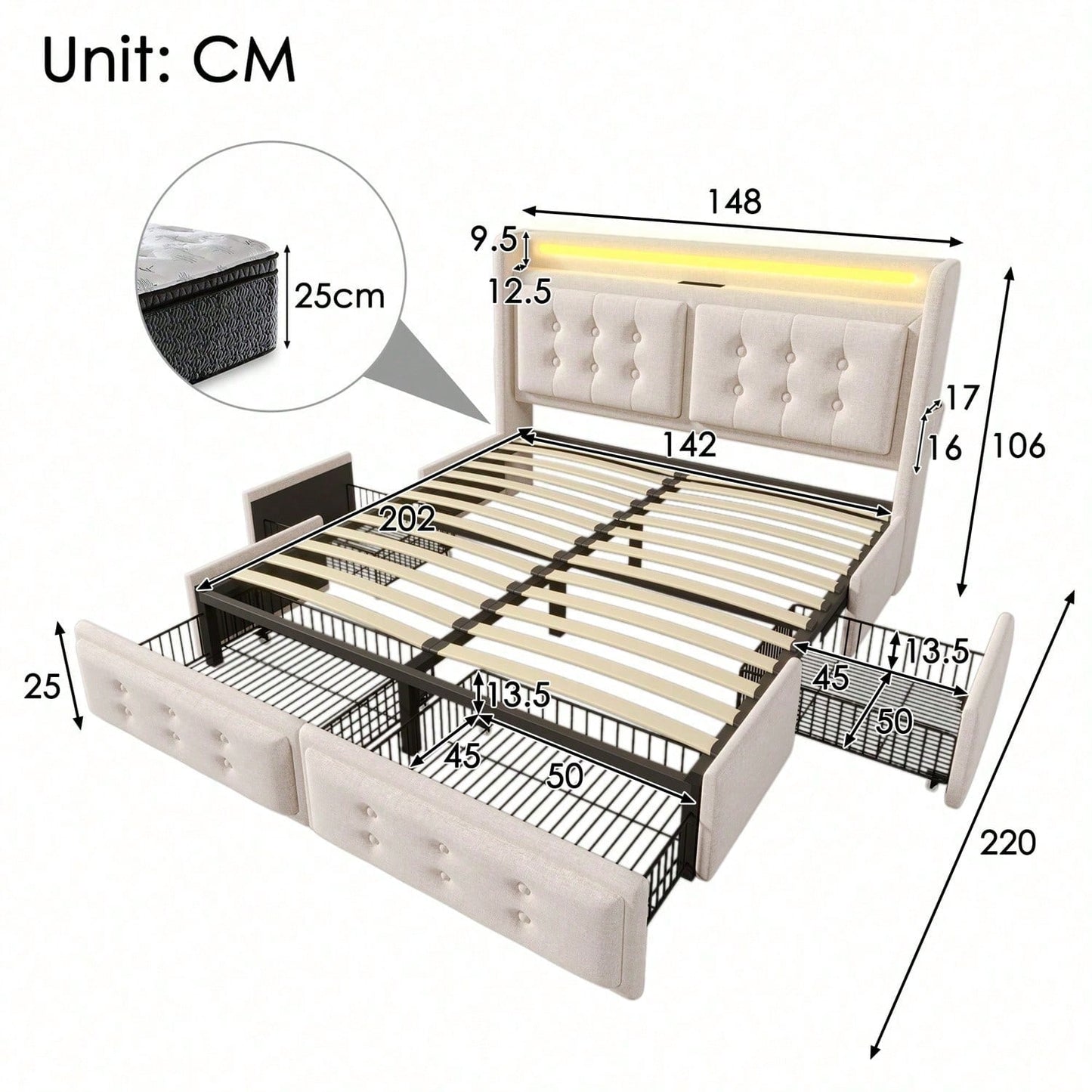 Polsterbett 140x200, Doppelbett mit Led-Kopfteil und USB C Ladefunktion und 4 Schubladen, Stauraumbetten mit Lattenrost aus Holz und Metallrahmen, Belastbarkeit 300 kg,Beige,Baumwolle