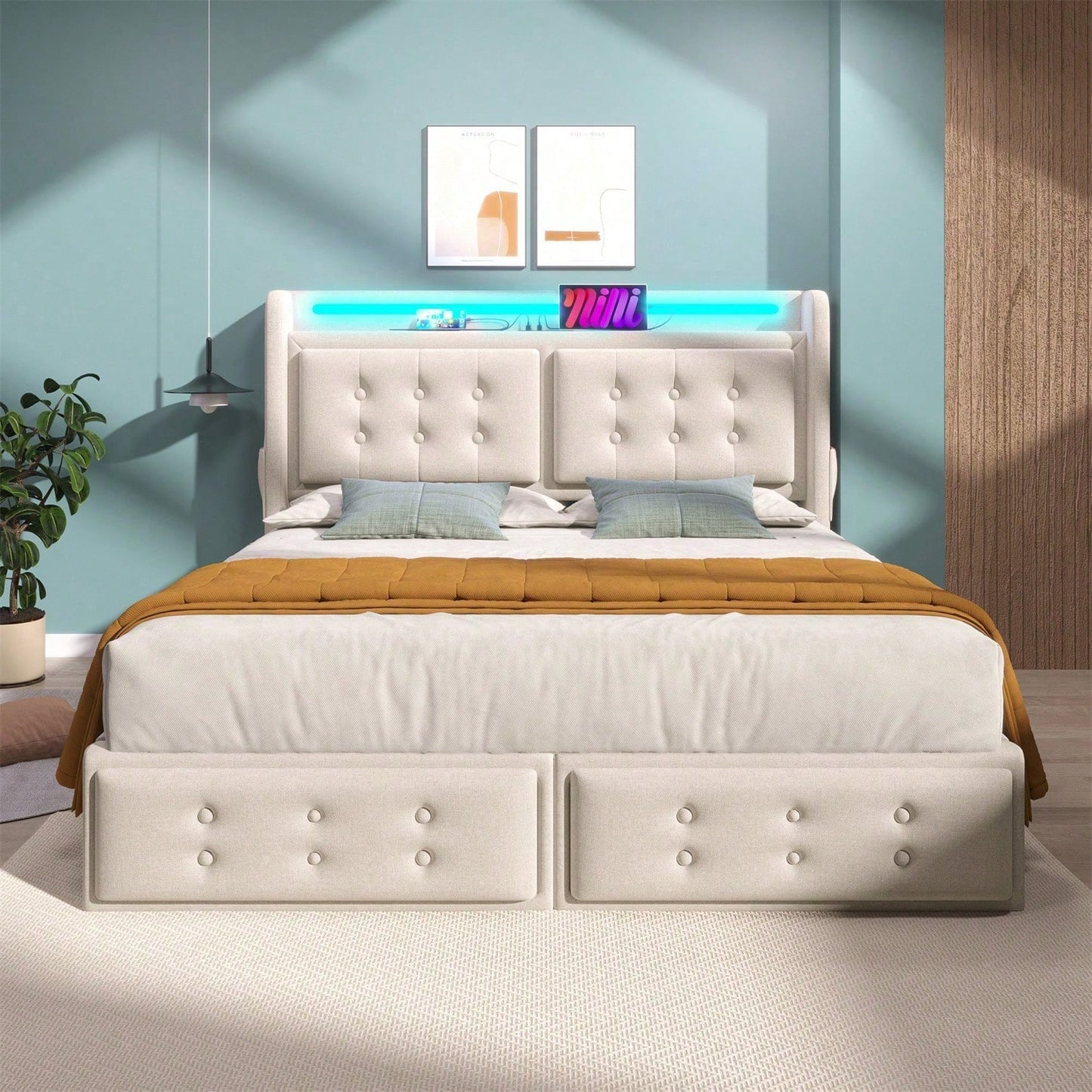 Polsterbett 140x200, Doppelbett mit Led-Kopfteil und USB C Ladefunktion und 4 Schubladen, Stauraumbetten mit Lattenrost aus Holz und Metallrahmen, Belastbarkeit 300 kg,Beige,Baumwolle