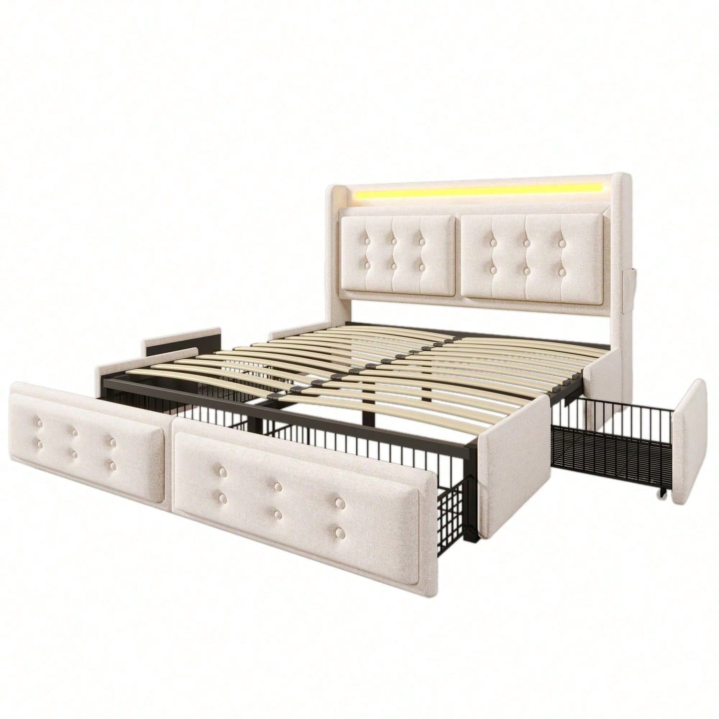Polsterbett 140x200, Doppelbett mit Led-Kopfteil und USB C Ladefunktion und 4 Schubladen, Stauraumbetten mit Lattenrost aus Holz und Metallrahmen, Belastbarkeit 300 kg,Beige,Baumwolle