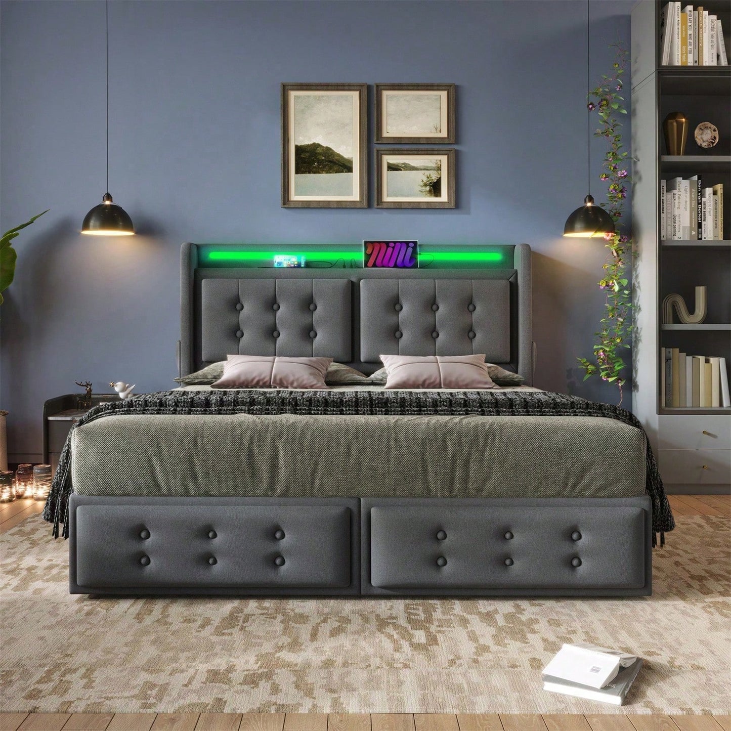 Polsterbett 140x200, Doppelbett mit Led-Kopfteil und USB C Ladefunktion und 4 Schubladen, Stauraumbetten mit Lattenrost aus Holz und Metallrahmen, Belastbarkeit 300 kg,Beige,Baumwolle