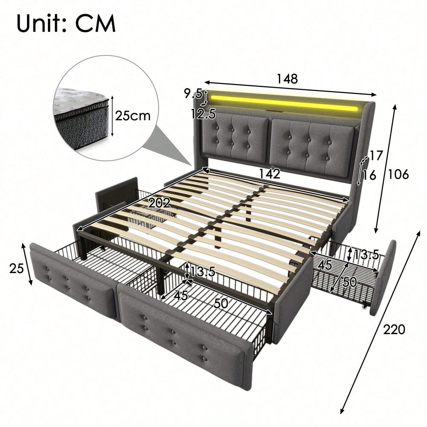 Polsterbett 140x200, Doppelbett mit Led-Kopfteil und USB C Ladefunktion und 4 Schubladen, Stauraumbetten mit Lattenrost aus Holz und Metallrahmen, Belastbarkeit 300 kg,Beige,Baumwolle