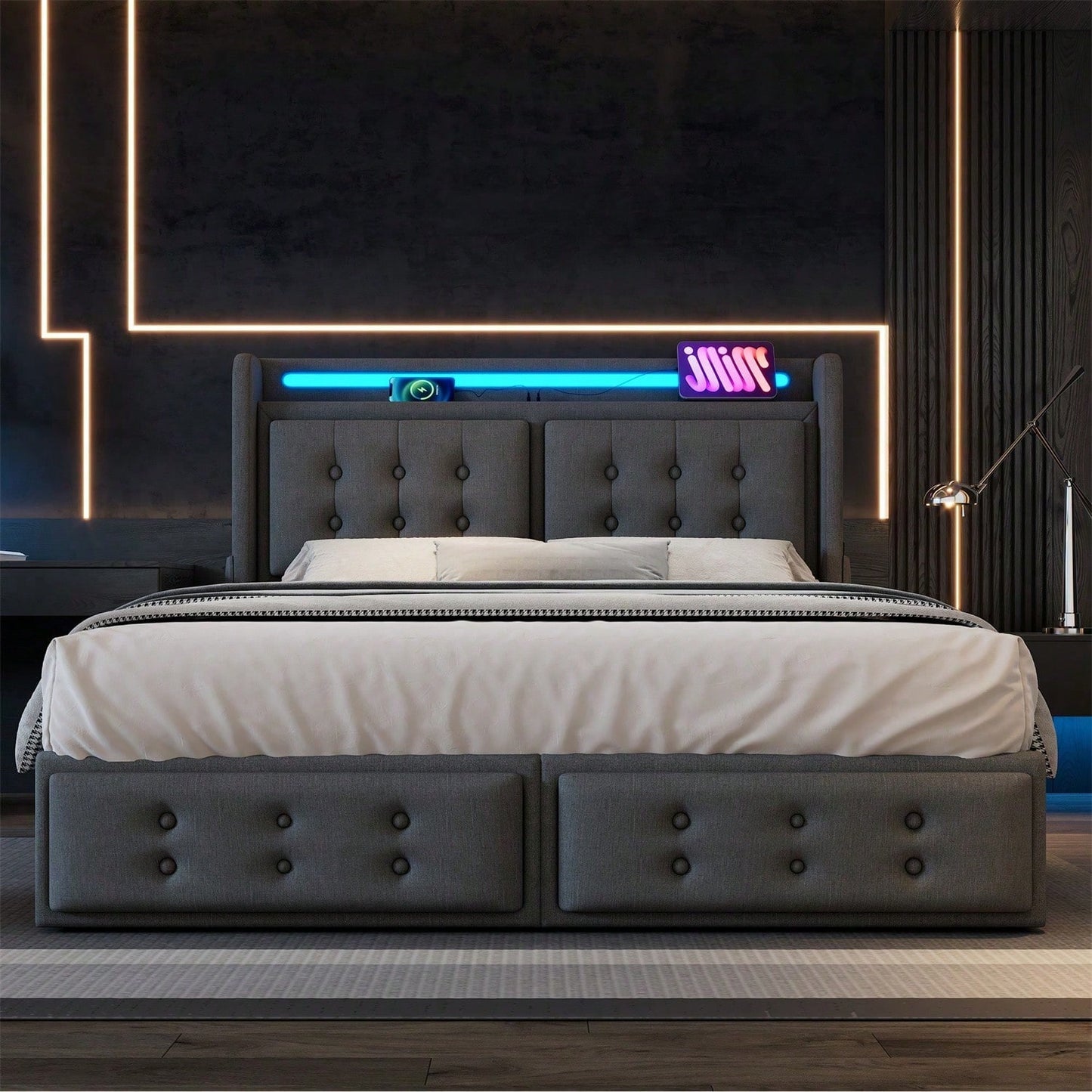 Polsterbett 140x200, Doppelbett mit Led-Kopfteil und USB C Ladefunktion und 4 Schubladen, Stauraumbetten mit Lattenrost aus Holz und Metallrahmen, Belastbarkeit 300 kg,Beige,Baumwolle