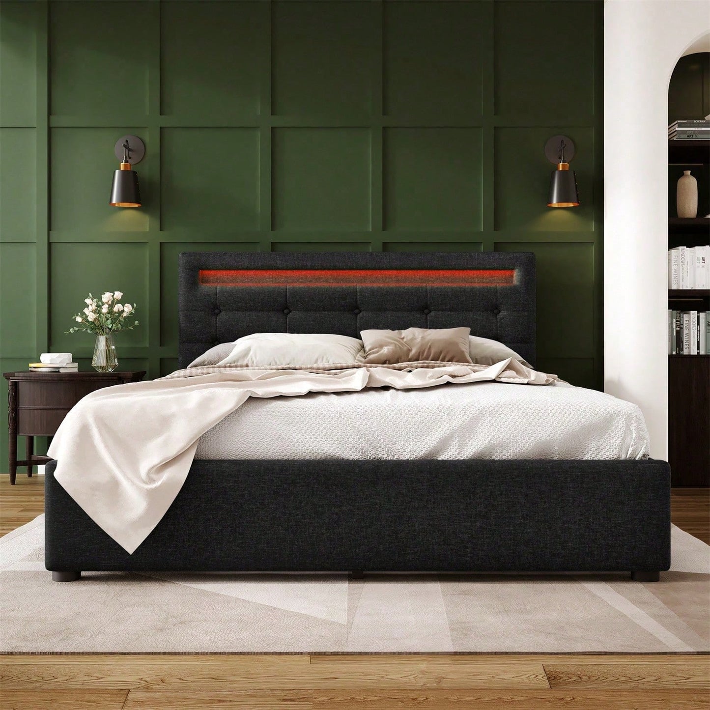 Bettgestell mit LED-Beleuchtung und 4 Schubladen, Doppelbett Polsterbett 140x200cm, Höhenverstellbarem Kopfteil, Lattenrost aus Holz,Schwarz(Matratze nicht enthaltet)