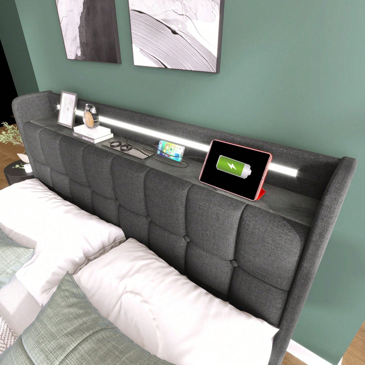 Polsterbett mit aufladen USB Ladefunktion Kopfteil und LED-Beleuchtung und 4 Schubladen,Doppelbett 160x200cm Stauraumbetten Bettgestell, Lattenrost aus Holz, Grau