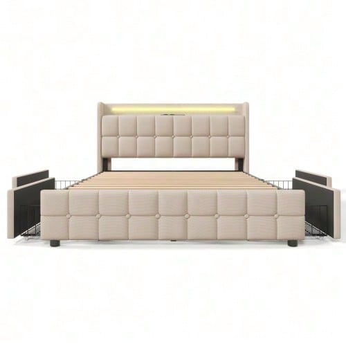 Polsterbett mit aufladen USB Ladefunktion Kopfteil und LED-Beleuchtung und 4 Schubladen,Doppelbett 160x200cm Stauraumbetten Bettgestell, Lattenrost aus Holz, Grau