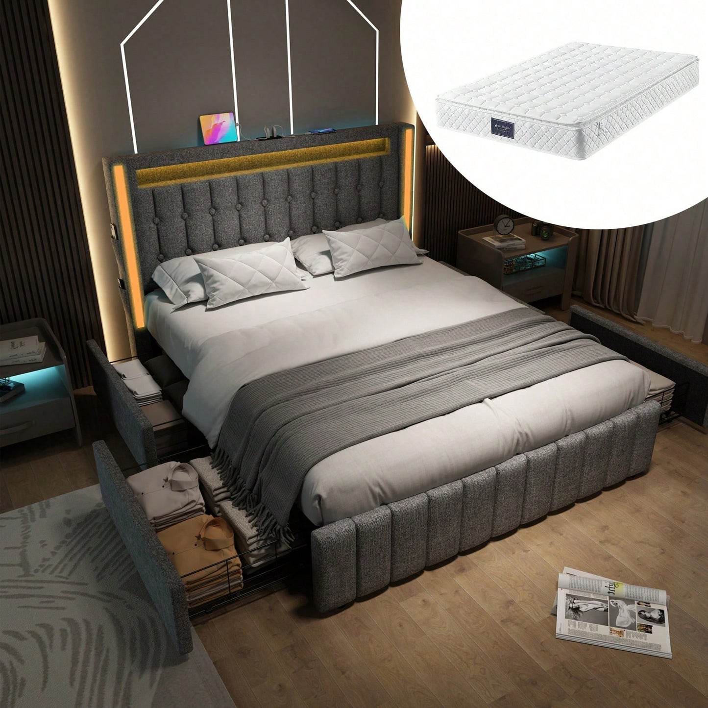 Polsterbett USB Typ C Ladefunktion LED-Beleuchtung und 4 Schubladen, Mit Matratze,Jugendbetten 160x200cm Doppelbett Stauraumbetten Bettgestell, Lattenrost aus Holz, Grau