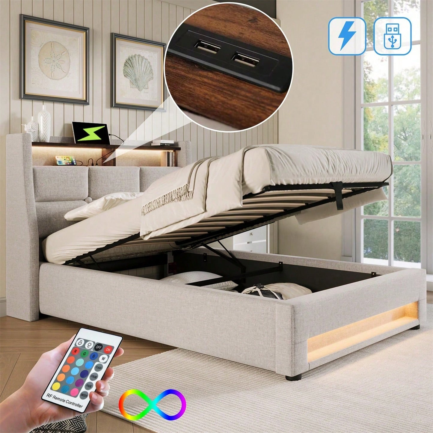 Polsterbett mit USB 90x200cm,LED Einzelbett mit Lattenrost aus Metallrahmen,Bettgestell aus Leinenmaterial Jugendbett