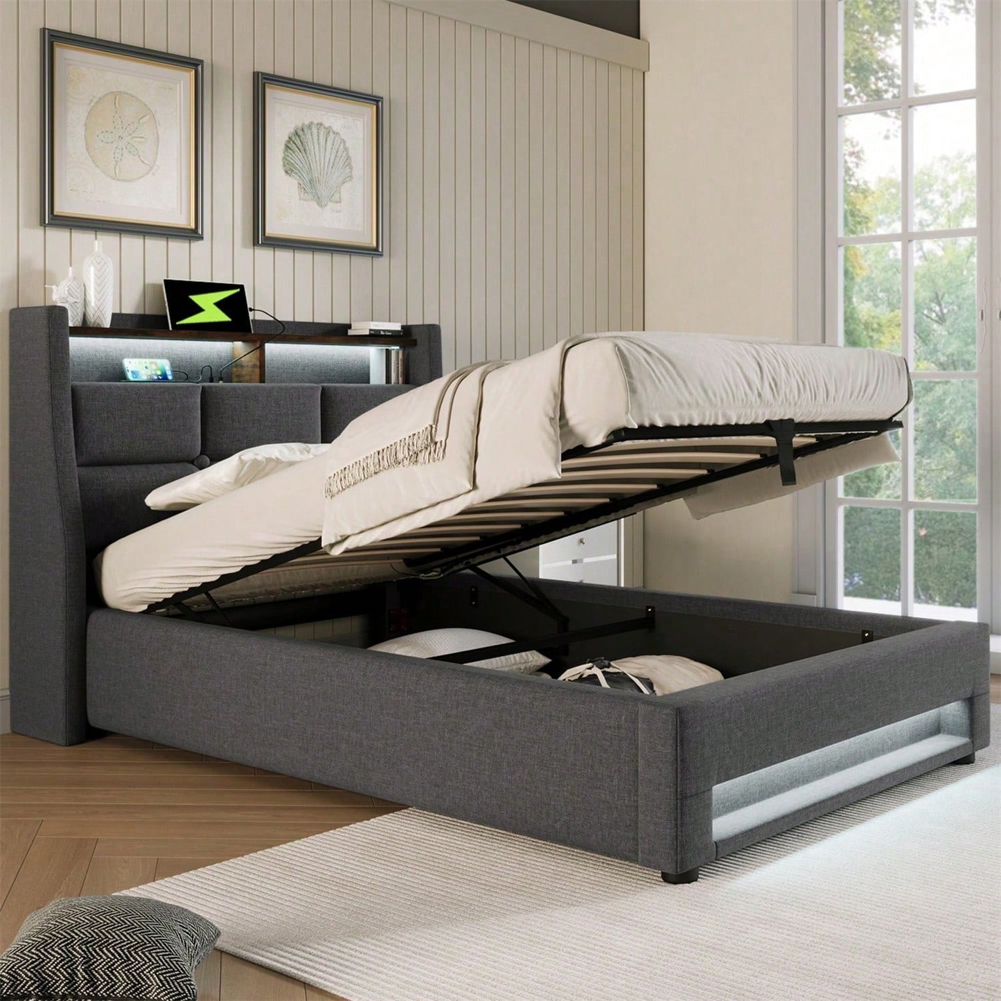 Polsterbett mit USB 90x200cm,LED Einzelbett mit Lattenrost aus Metallrahmen,Bettgestell aus Leinenmaterial Jugendbett